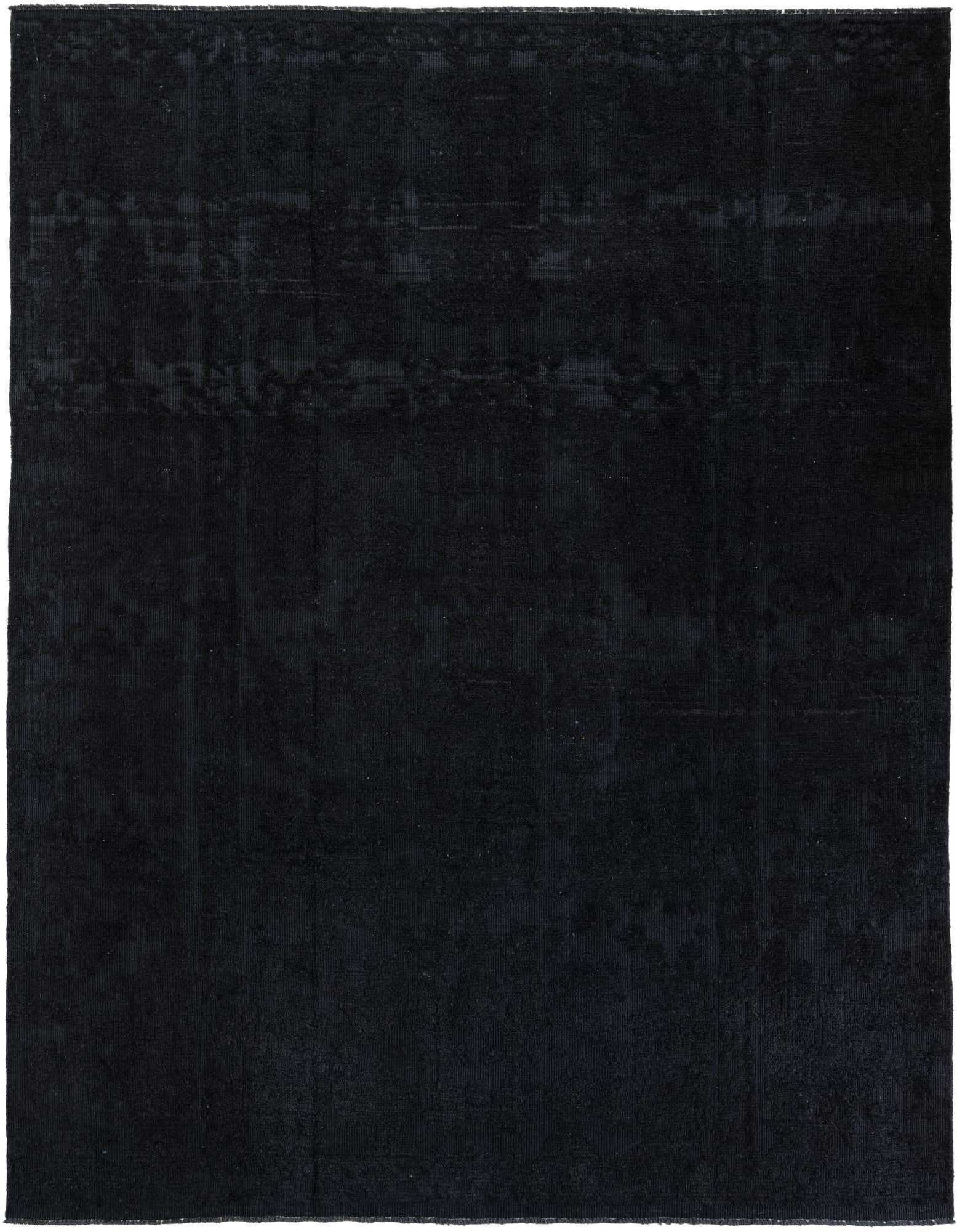 A rectangular 8x11 black wool area rug with a subtle abstract pattern, suitable for a modern living room.