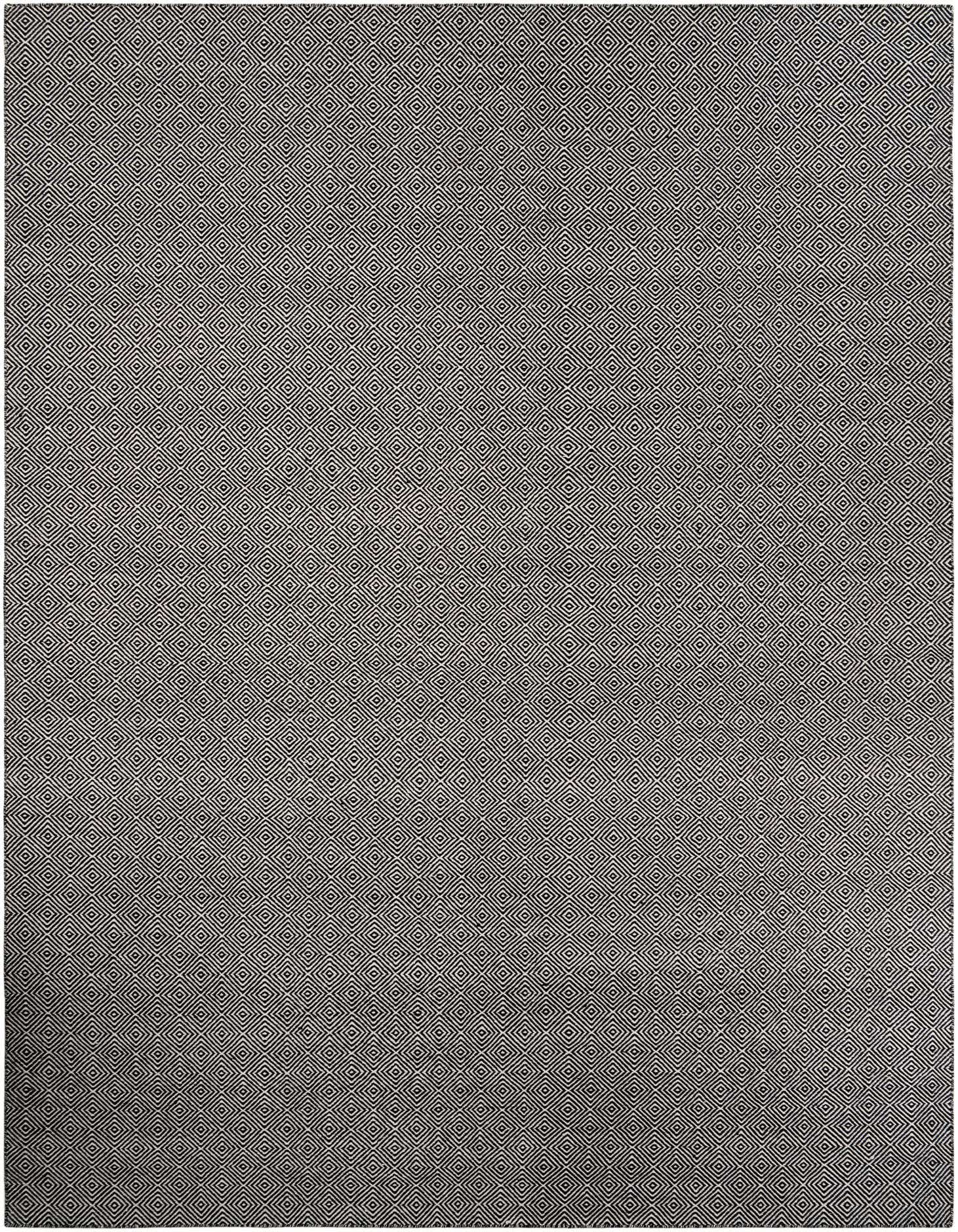 A large 10x14 rectangular black flatweave rug with a repeating modern trellis pattern, suitable for indoor spaces.