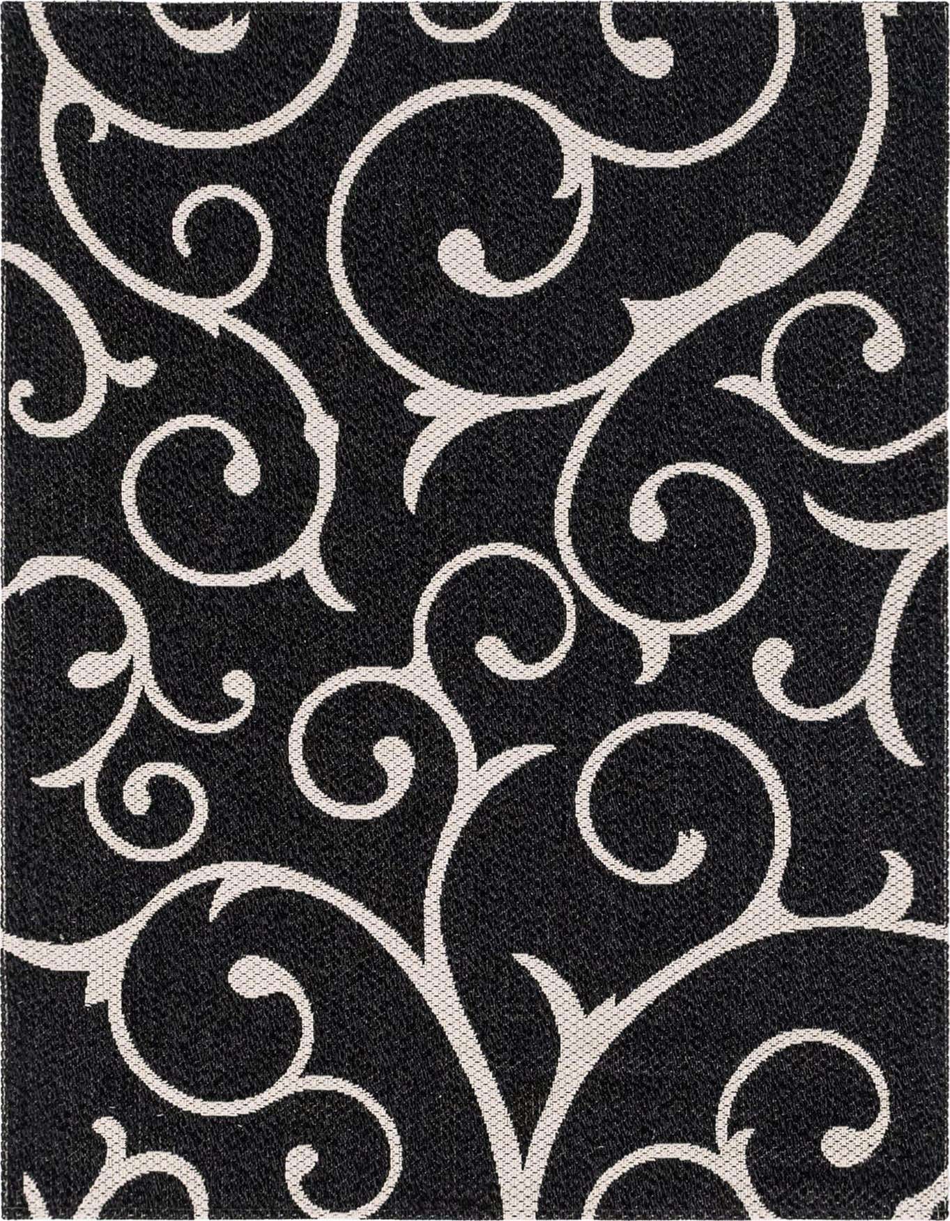 A 6x9 rectangular black rug with an elegant white floral scroll pattern, suitable for a living room.