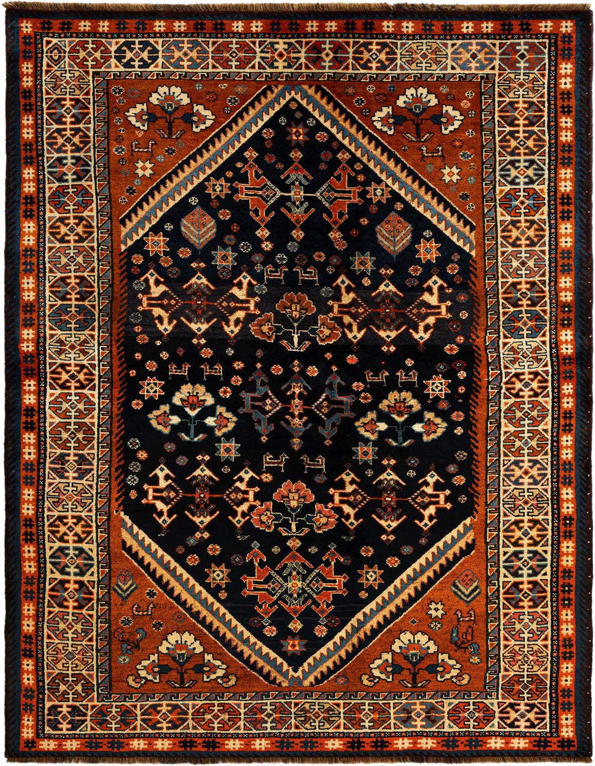 A rectangular 5x8 Ghashghai Persian rug featuring a black field with intricate traditional motifs and a rust-colored border.