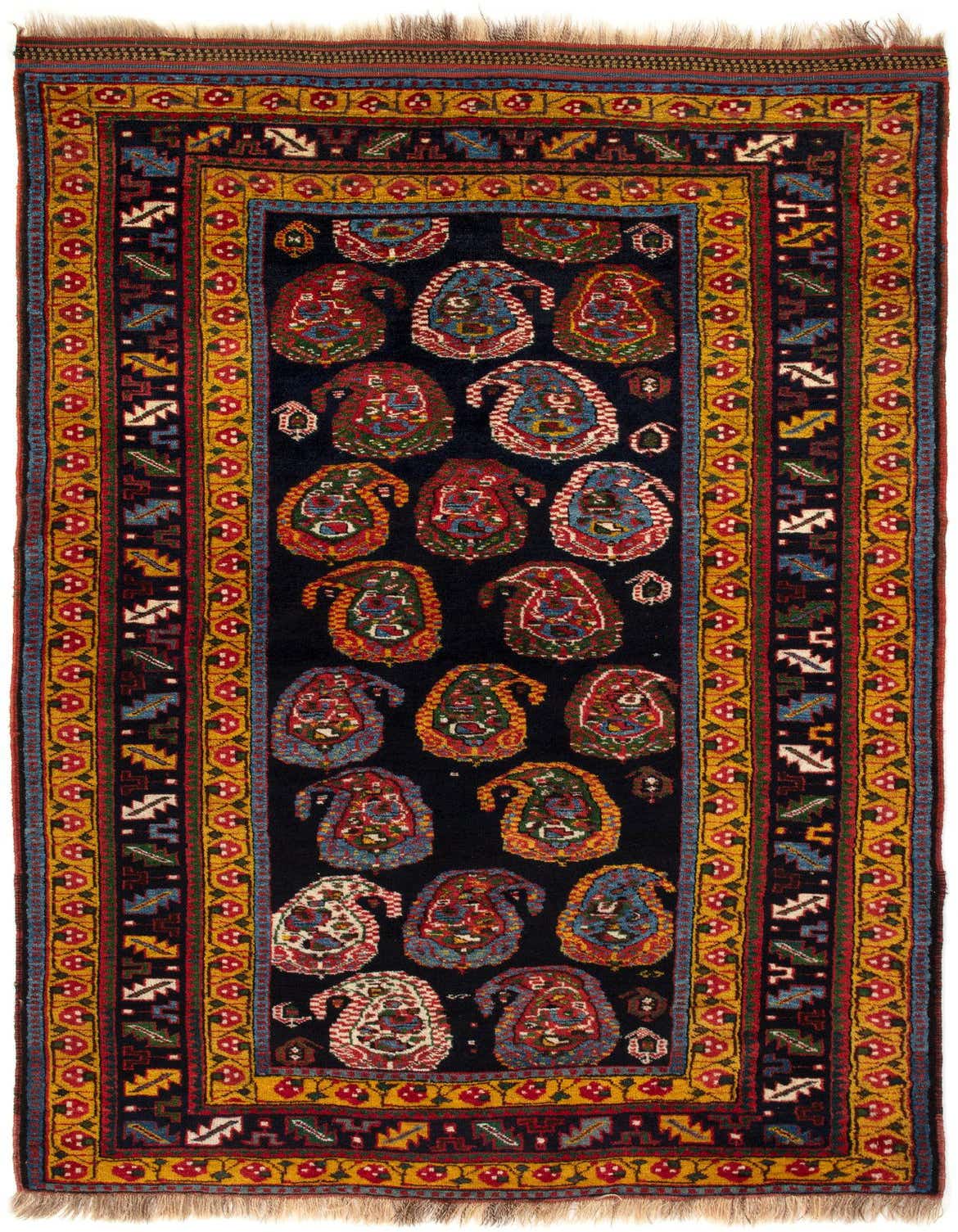 A 4x6 rectangular Ghashghai Persian rug with a black field and colorful paisley motifs, framed by a gold and red border.