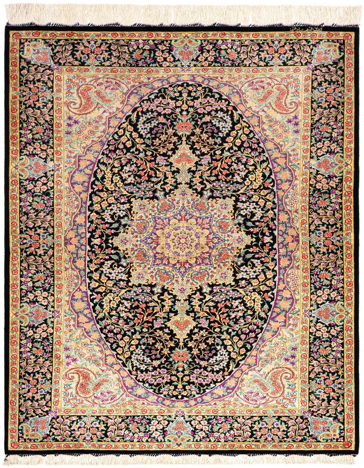 A luxurious 3x5 rectangular Ghom Silk Persian rug with a black background and intricate floral patterns in gold, pink, and purple.