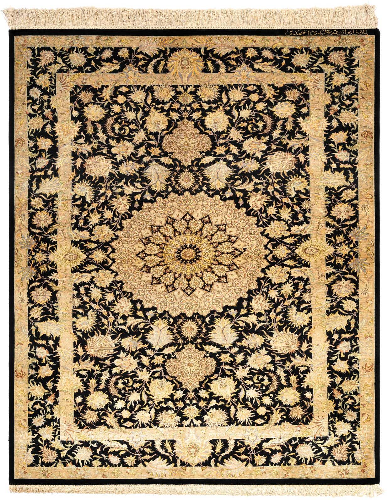 A luxurious 3x5 rectangular black Persian silk rug with an intricate gold floral medallion and border.