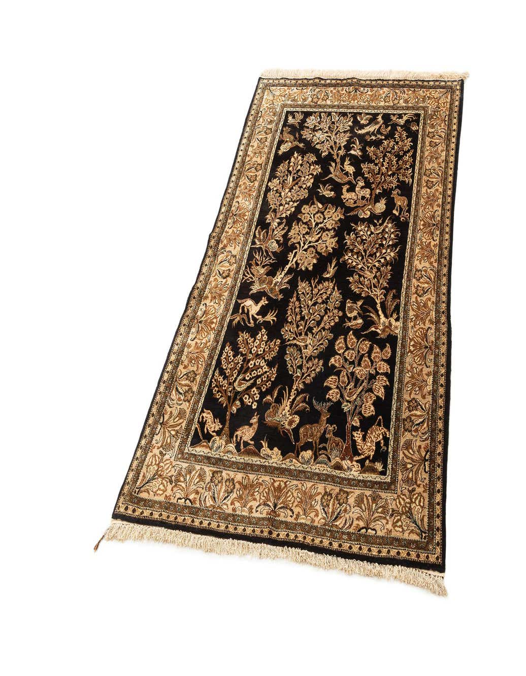 A 3x5 rectangular black Ghom Silk rug with an intricate gold and beige tree of life pattern featuring deer, birds, and other animals.