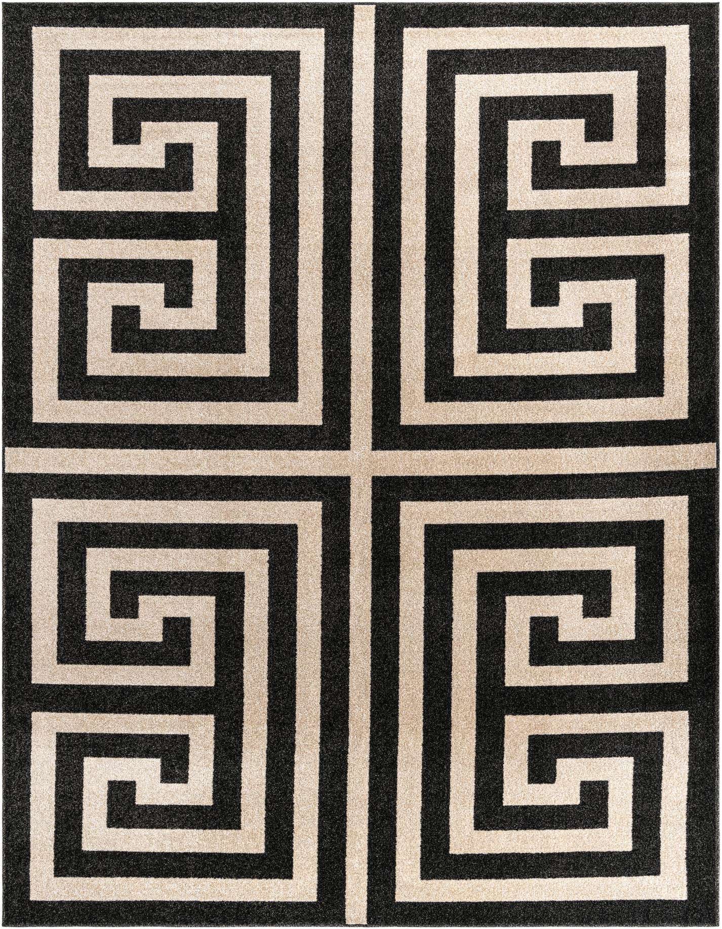A 7x10 rectangular Rugs.com Hera rug featuring a bold black and beige Greek key pattern, ideal for a modern living room.