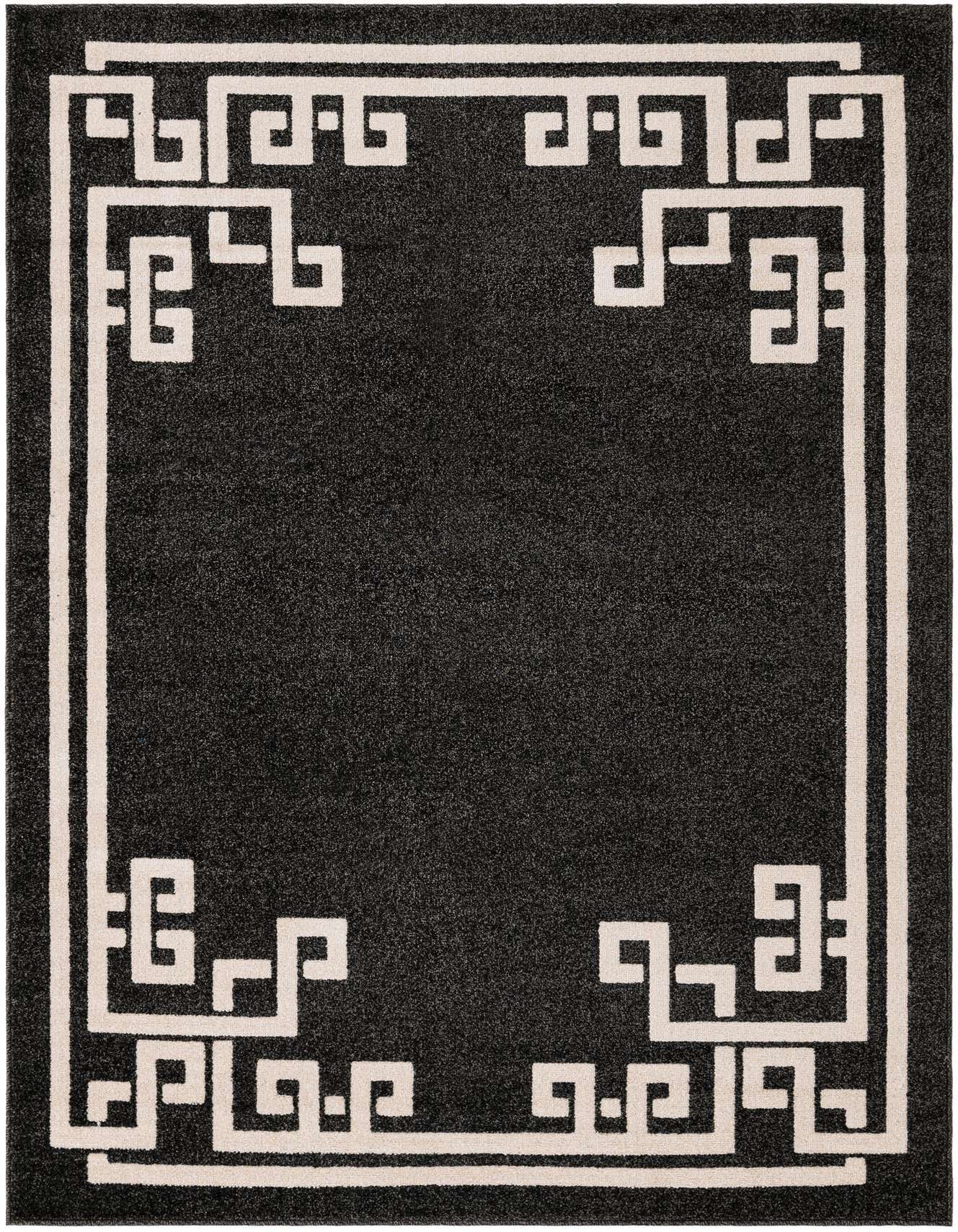 A 5x8 rectangular black area rug with a bold, off-white Greek key border pattern, suitable for a modern living room.