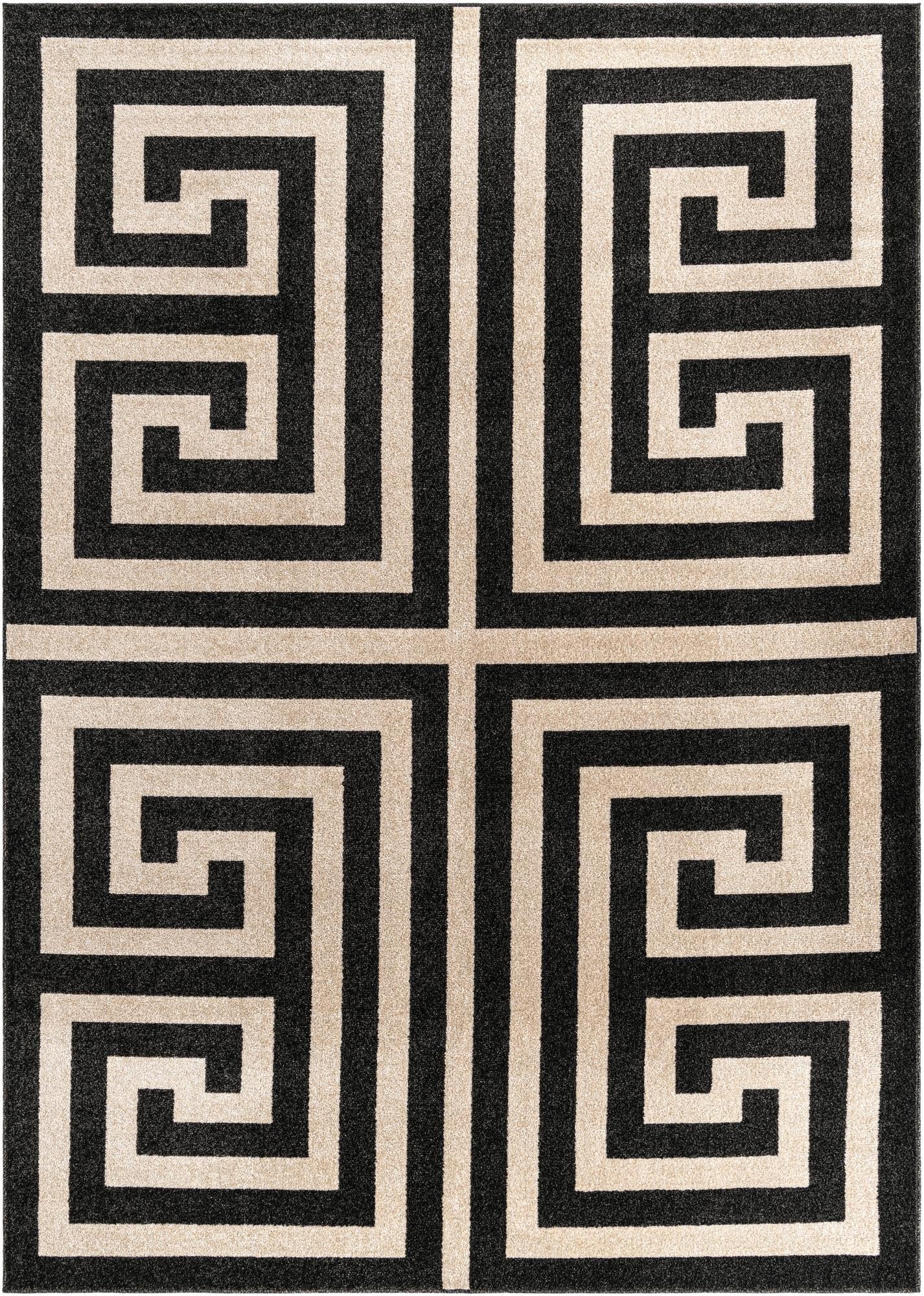 A 7x10 rectangular Rugs.com Hera rug featuring a bold black and beige Greek key pattern, ideal for a modern living room.