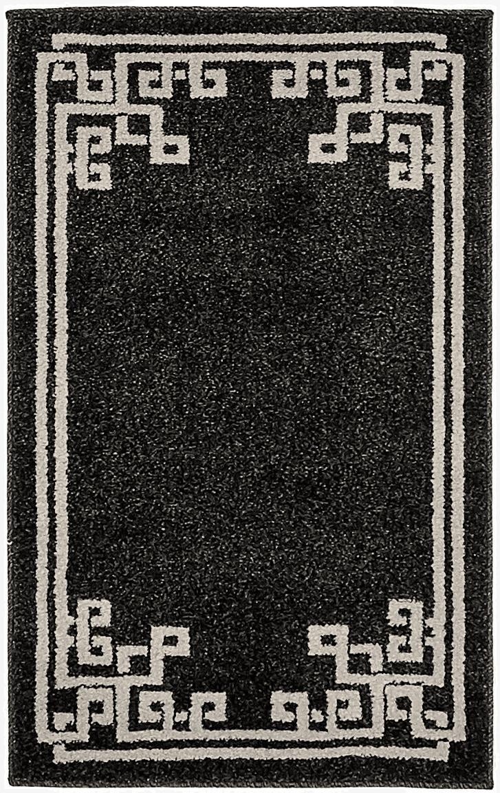 A 2x3 rectangular black rug with a light grey Greek key border pattern, suitable for a kitchen or entryway.