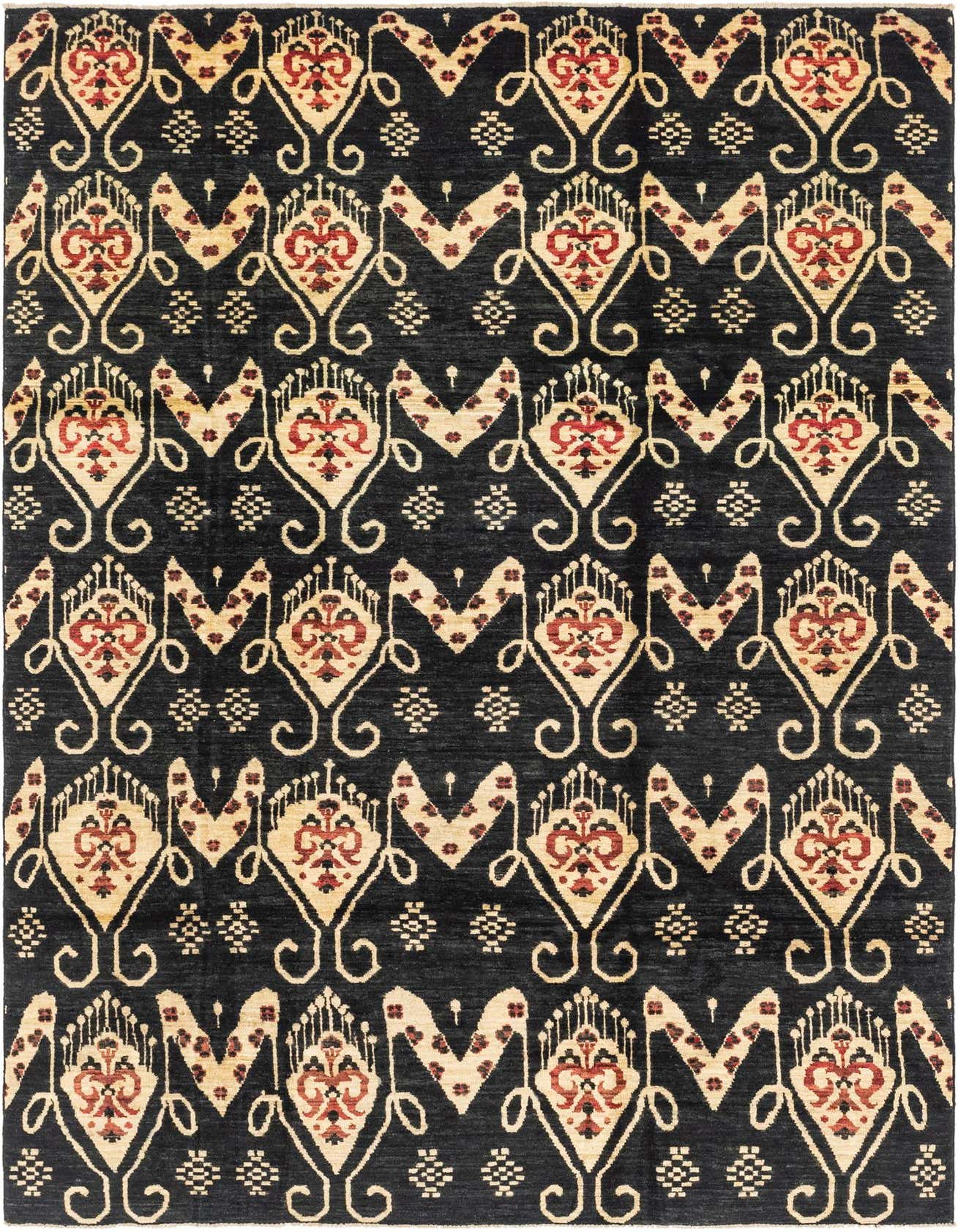 A 6x9 rectangular black wool rug with a repeating Southwestern tribal pattern in cream and red, suitable for a living room.