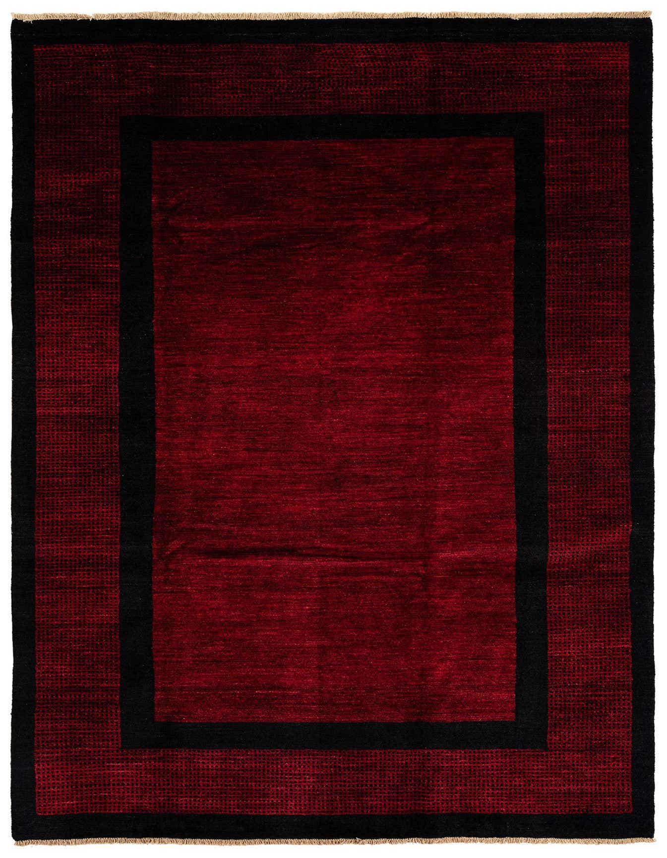 A 7x10 rectangular Juma collection rug with a deep red field and a bold black border featuring a subtle textured pattern.
