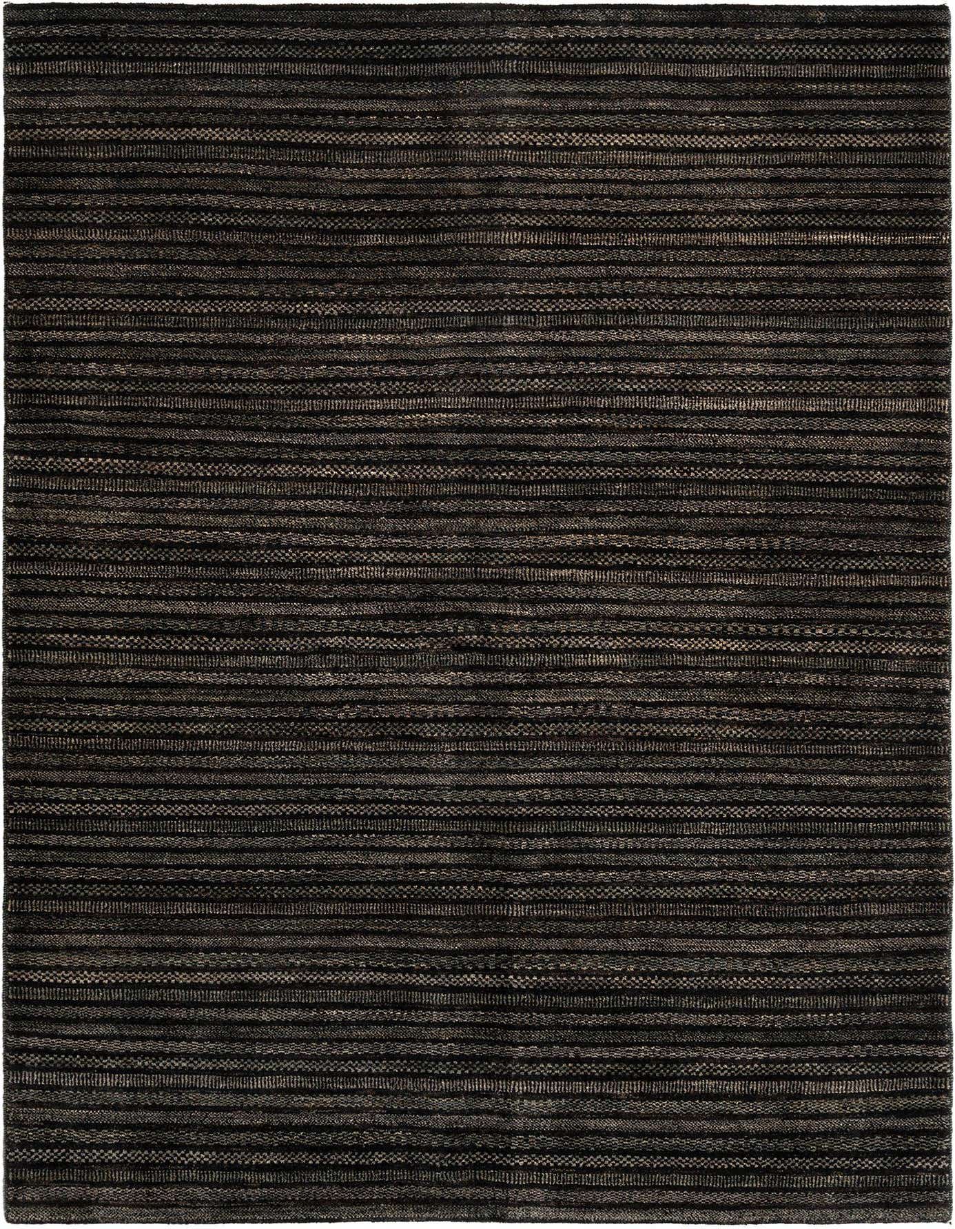 A 5x8 rectangular Juma rug from Rugs.com, featuring a Persian-inspired striped pattern in varying shades of black and dark grey, suitable for an indoor living room or bedroom.