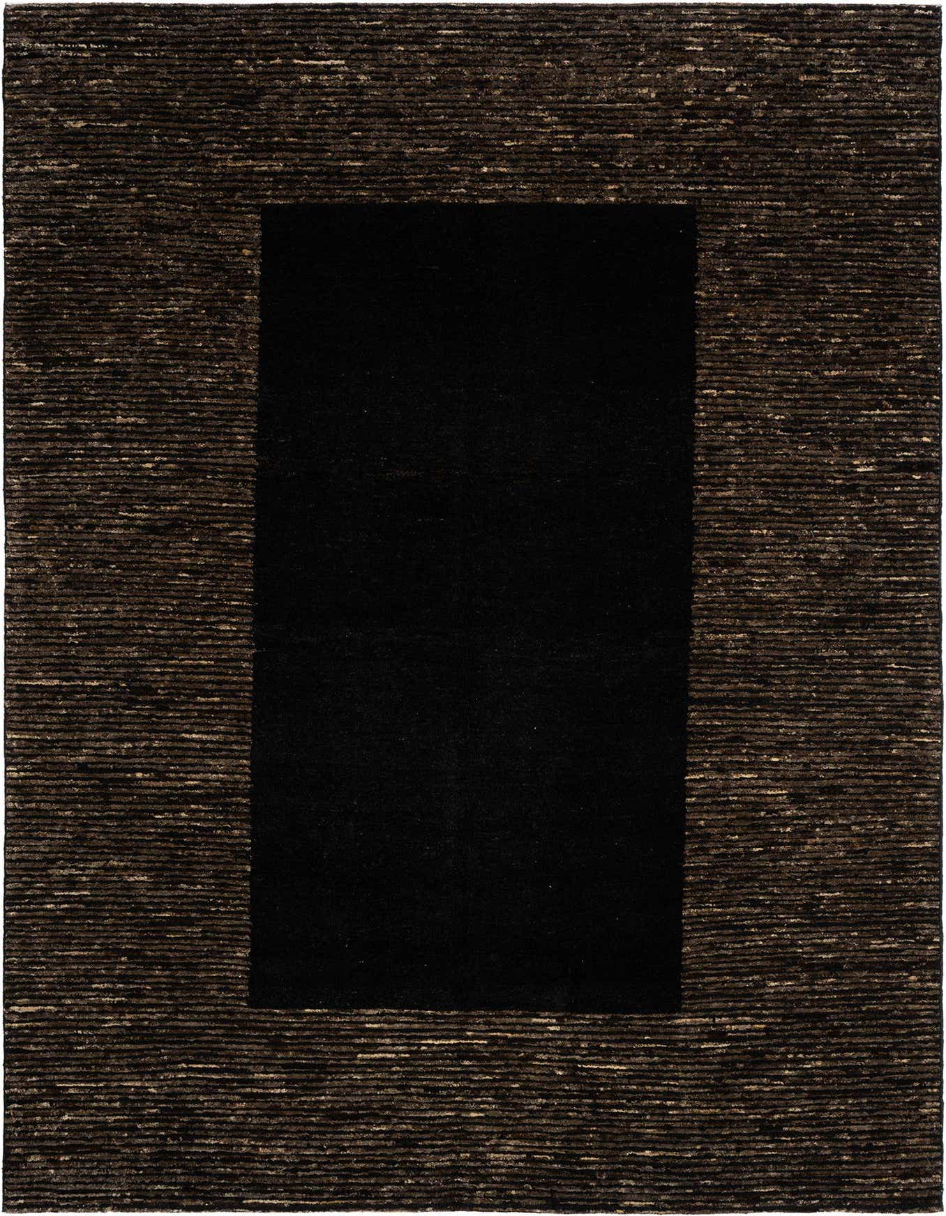 A 6x9 rectangular Juma rug featuring a solid black center bordered by a textured black and dark brown Persian pattern.