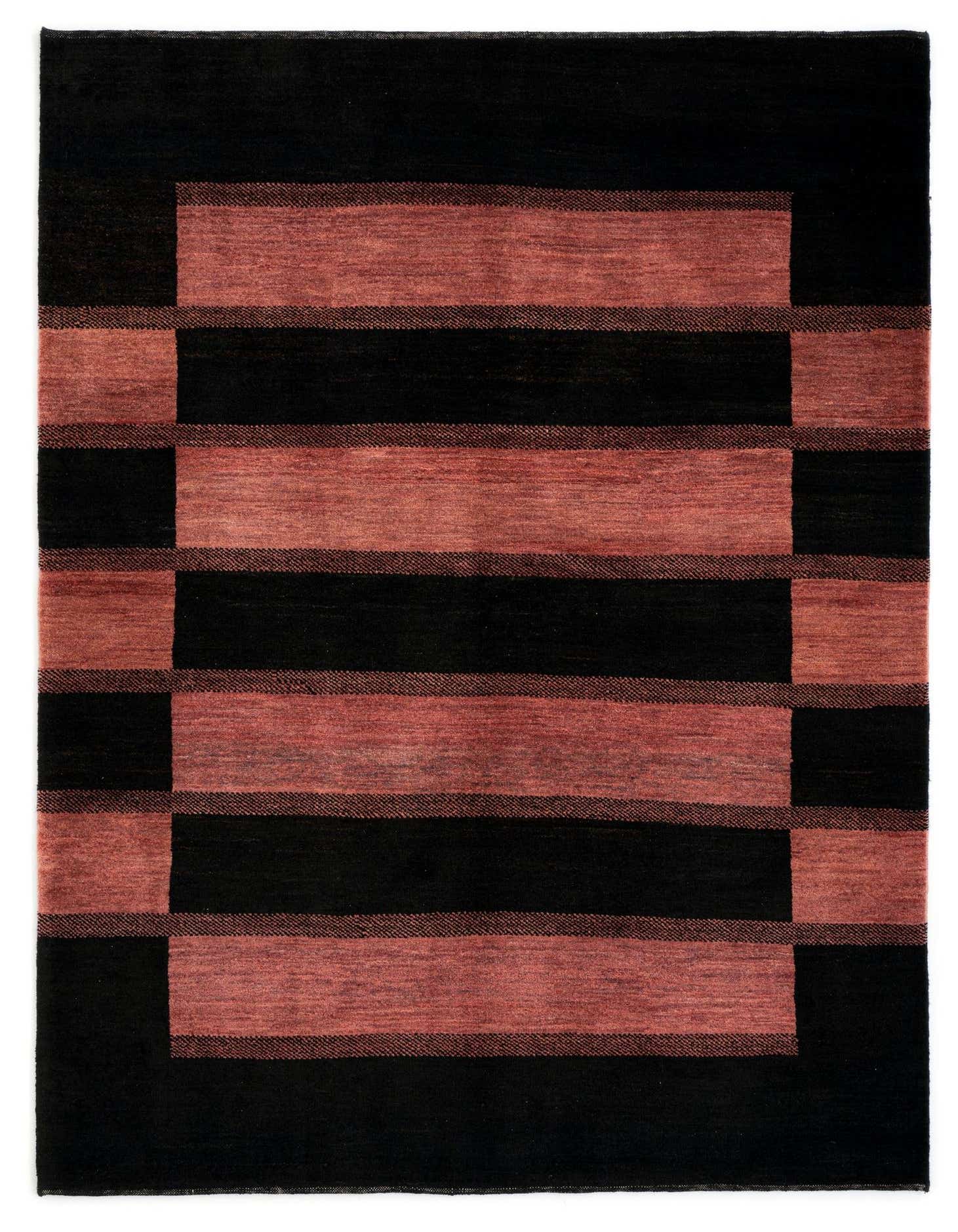 A 5x8 rectangular Juma rug in black and red, featuring a Persian-inspired striped pattern with a solid black border.