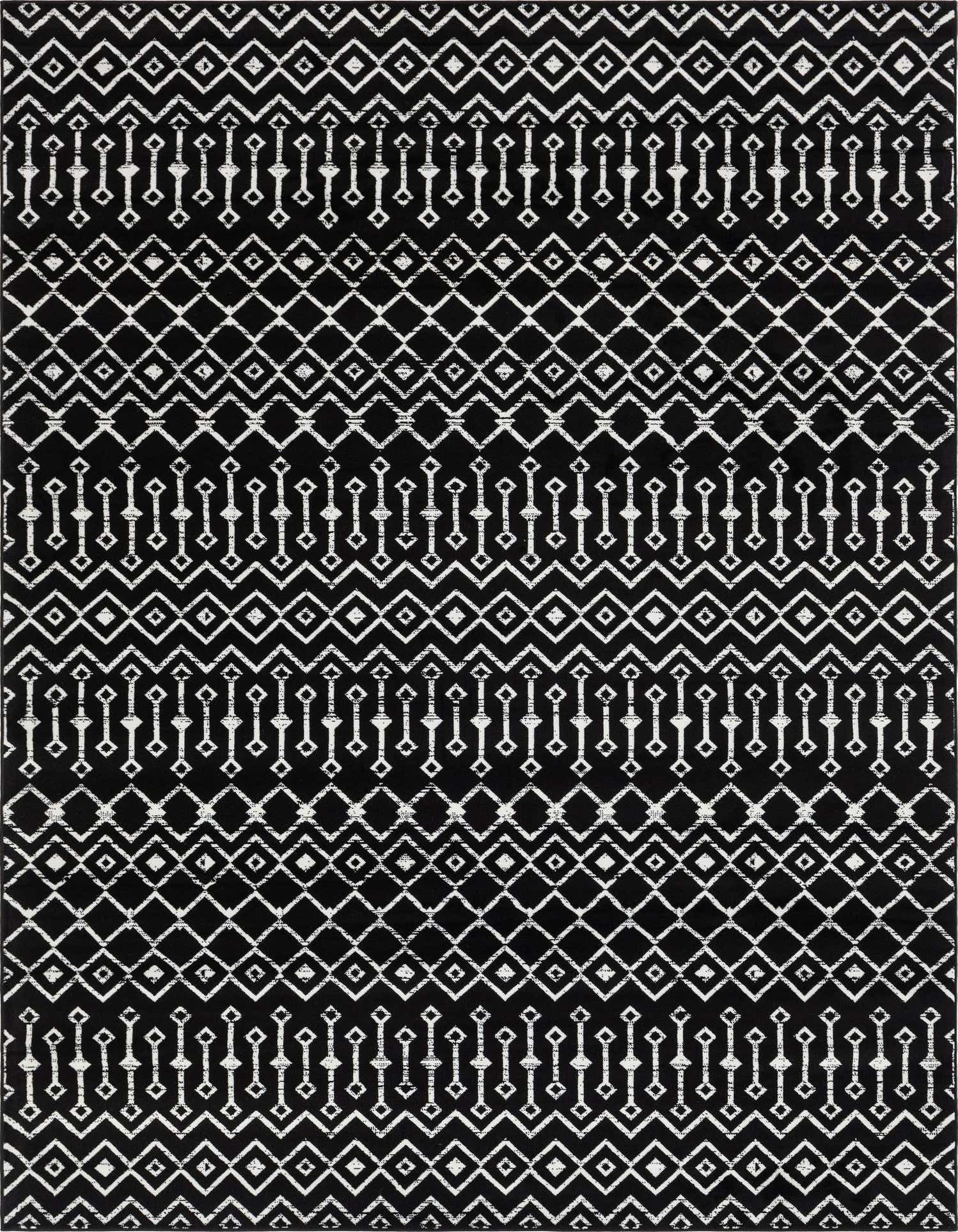 A 9x12 rectangular black area rug with a modern tribal trellis pattern in white, suitable for a living room.