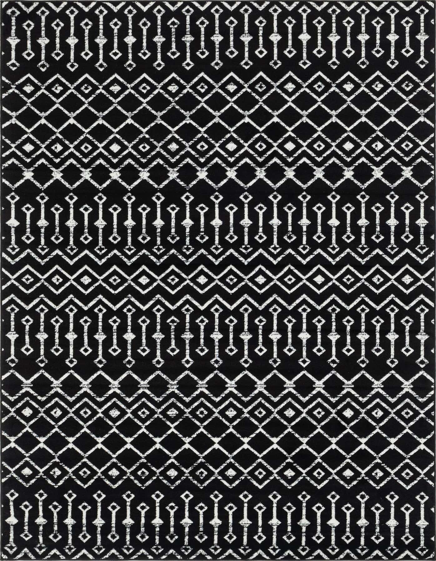 A 7x10 rectangular black and white tribal trellis rug with a flat pile, perfect for a modern living room.