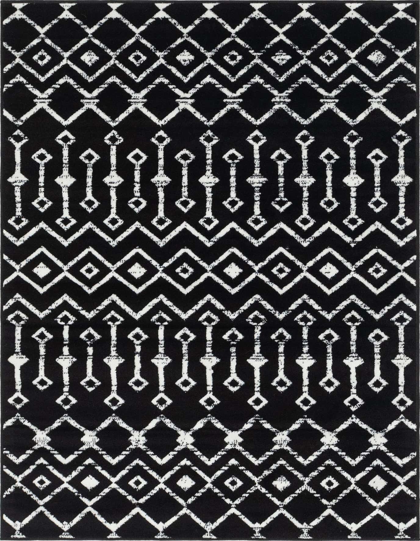 A 4x6 black rectangular rug with a distressed white tribal trellis pattern, featuring geometric diamonds and zigzags.