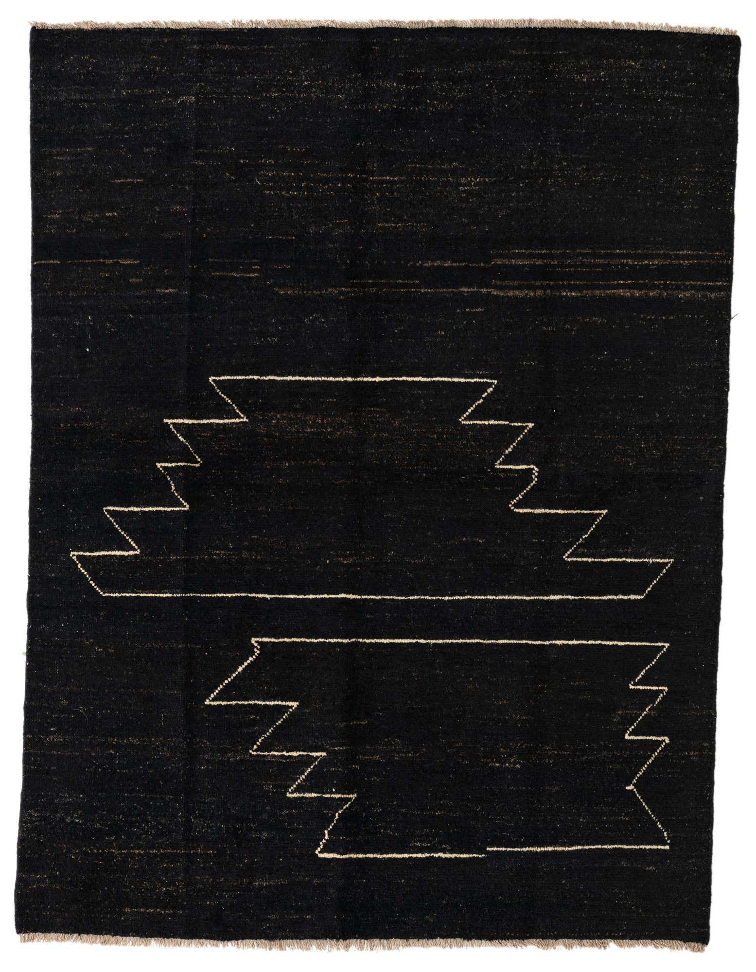 A 5x8 rectangular black wool rug featuring a modern abstract zig-zag pattern in light beige, suitable for a living room.