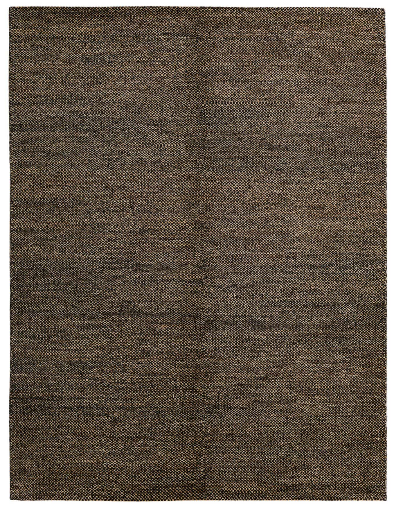 A 5x8 rectangular black and brown wool rug with a subtle modern abstract pattern, suitable for various indoor rooms.