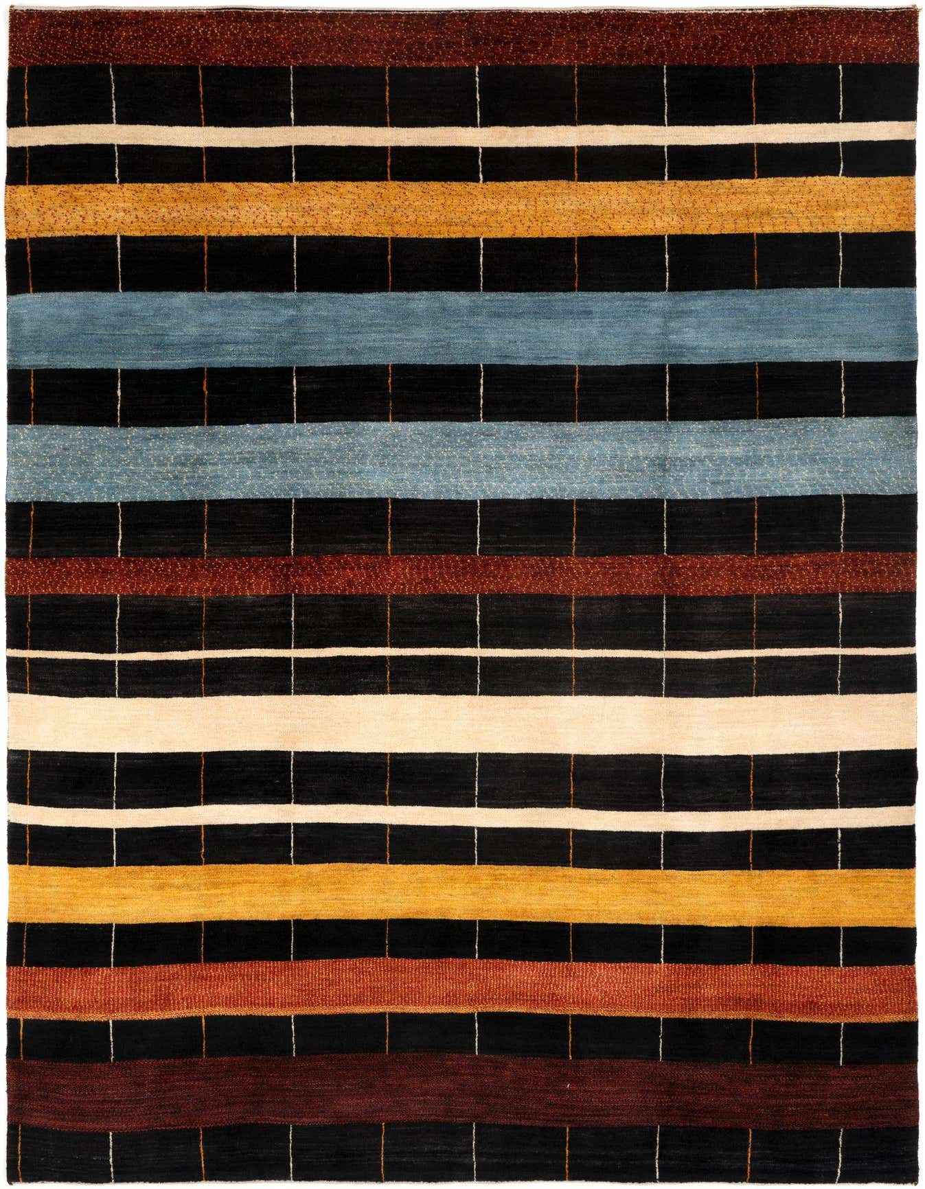 A 6x9 rectangular Kashkuli rug featuring bold black stripes interspersed with varying horizontal bands of blue, gold, cream, and rust, with subtle vertical white and brown lines.
