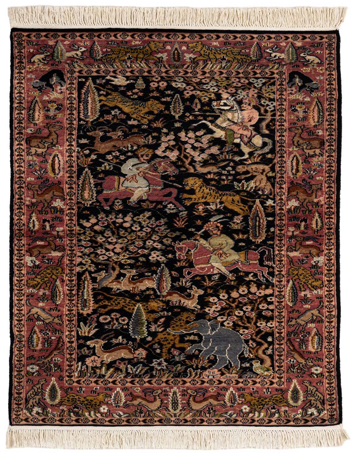 A 3x5 rectangular black Kashmir rug featuring a detailed traditional Oriental hunting scene with riders, animals, and trees, framed by a red border.