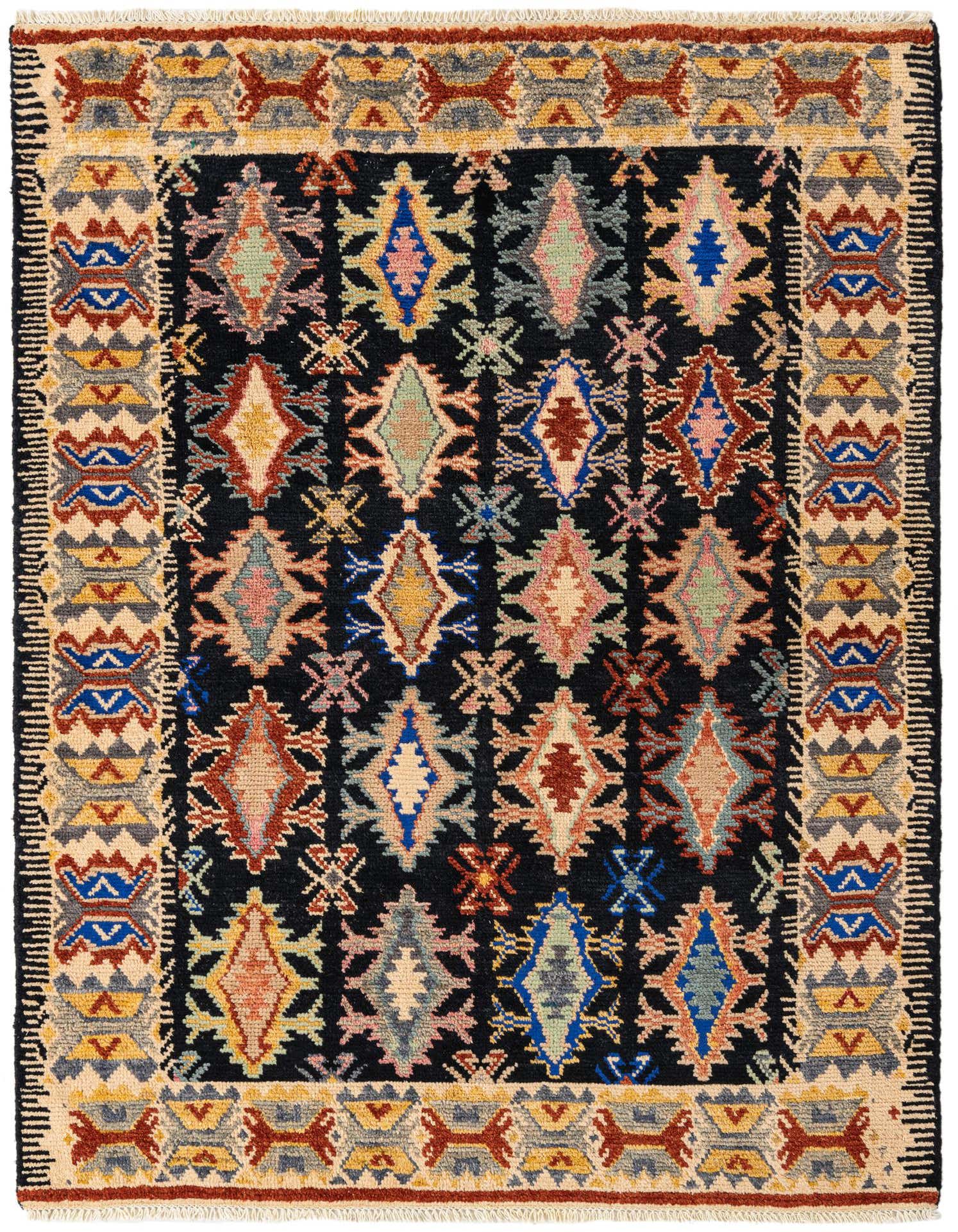 A 5x8 rectangular black rug with a modern oriental pattern of colorful abstract diamonds and geometric borders.