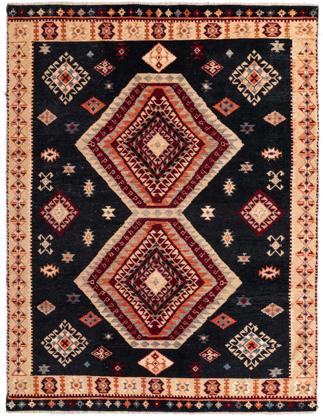A 7x10 rectangular black Kazak rug with a traditional Oriental pattern featuring large central diamonds in red, orange, and beige, surrounded by smaller geometric shapes and a wide beige border.