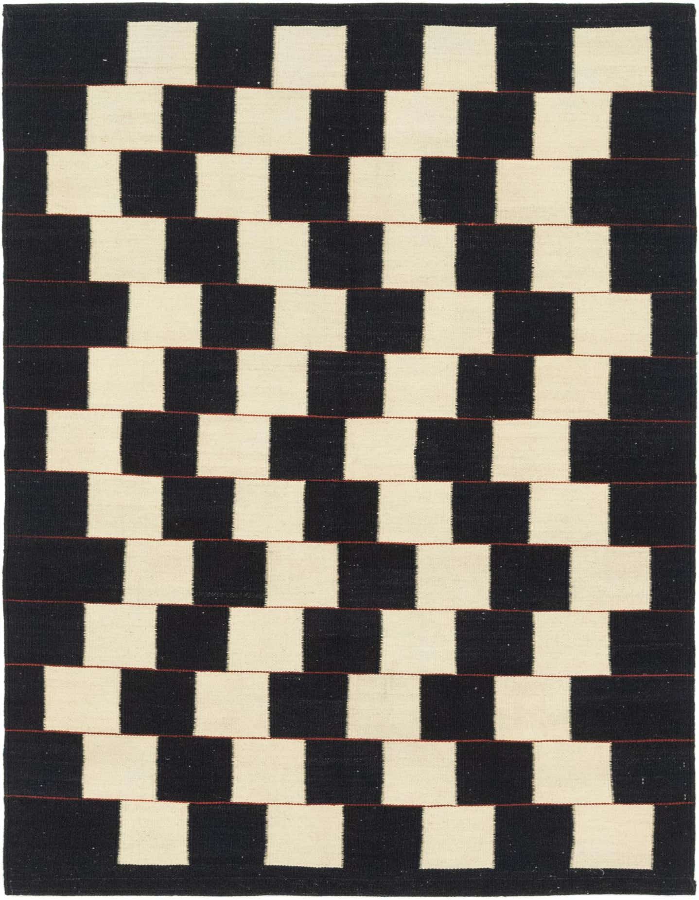 A 4x6 rectangular black and off-white tribal flatweave rug with a repeating checkerboard pattern and thin red lines.