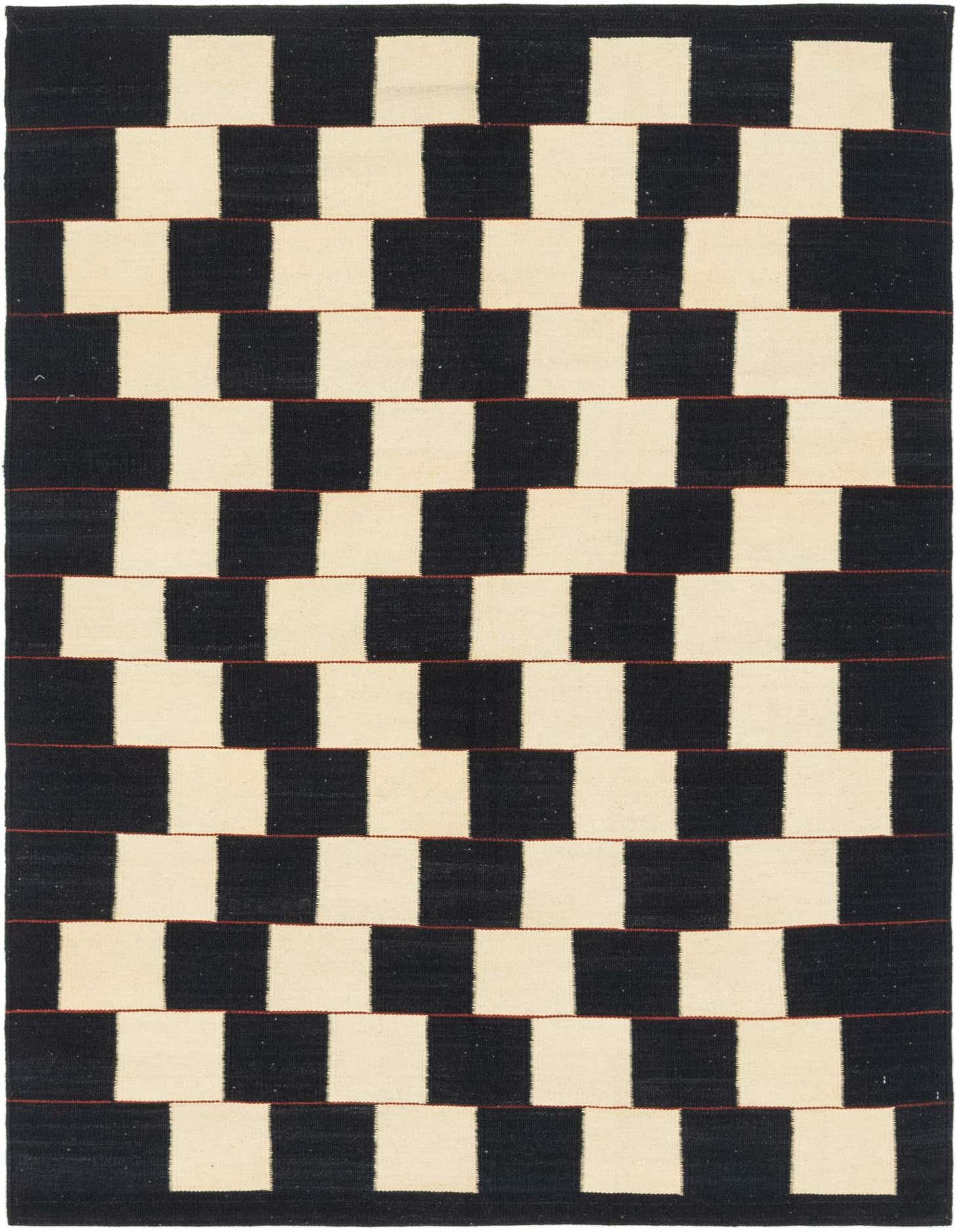A 4x6 rectangular black and cream flatweave wool rug with a modern tribal checkerboard pattern.
