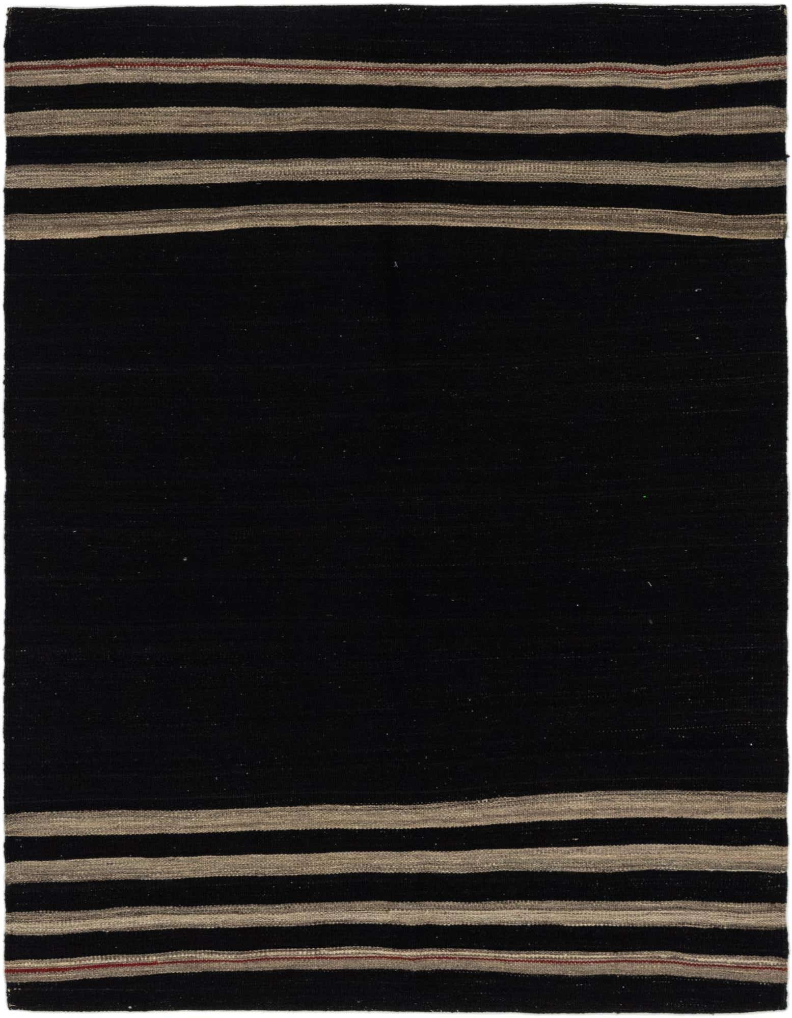 A 4x6 rectangular black flatweave rug with thin beige and subtle red stripes at the top and bottom edges.