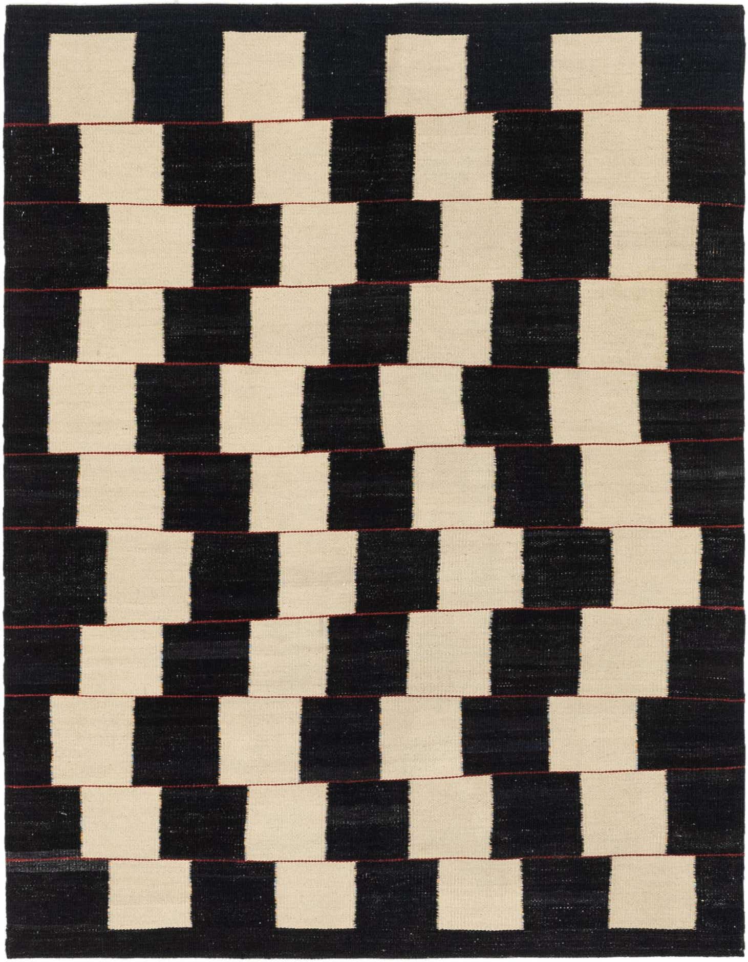 A 4x6 rectangular black and cream flatweave rug with a bold, staggered checkerboard pattern, suitable for a modern living room.