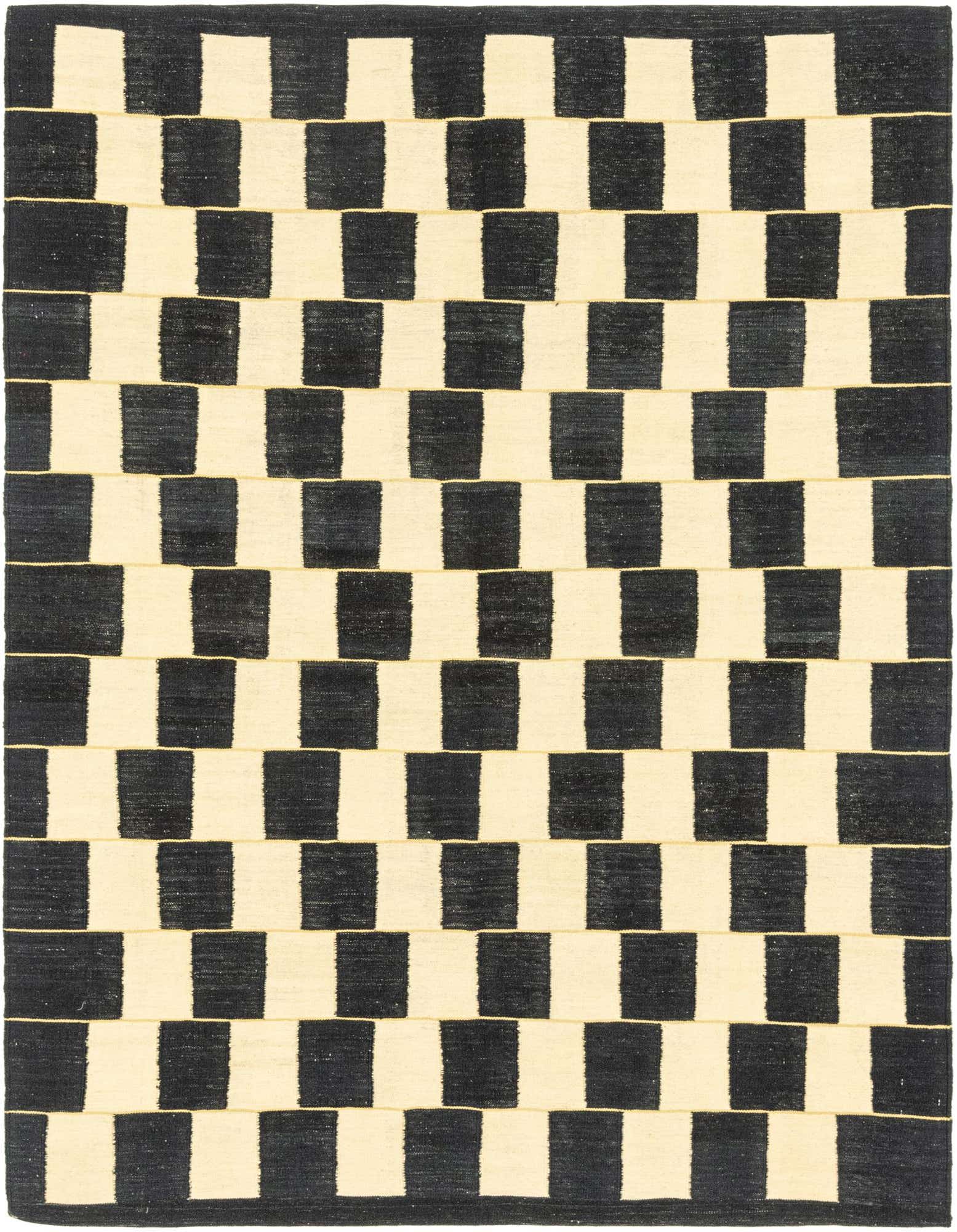 A 6x9 rectangular black and off-white tribal flatweave rug with a repeating checkerboard pattern, suitable for a living room.