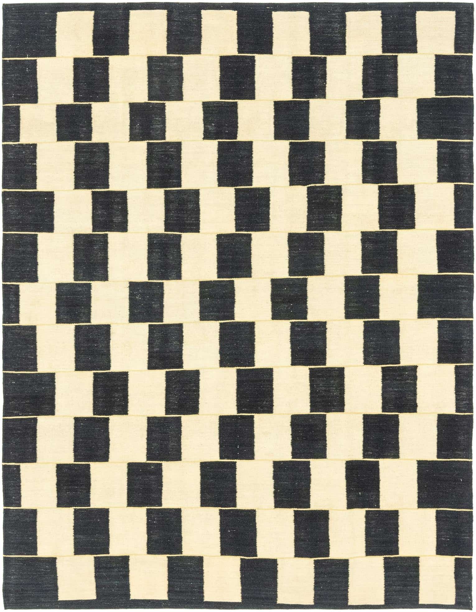 A 6x9 rectangular Rugs.com Kilim Modern rug with a bold black and off-white geometric tribal pattern, ideal for a living room.