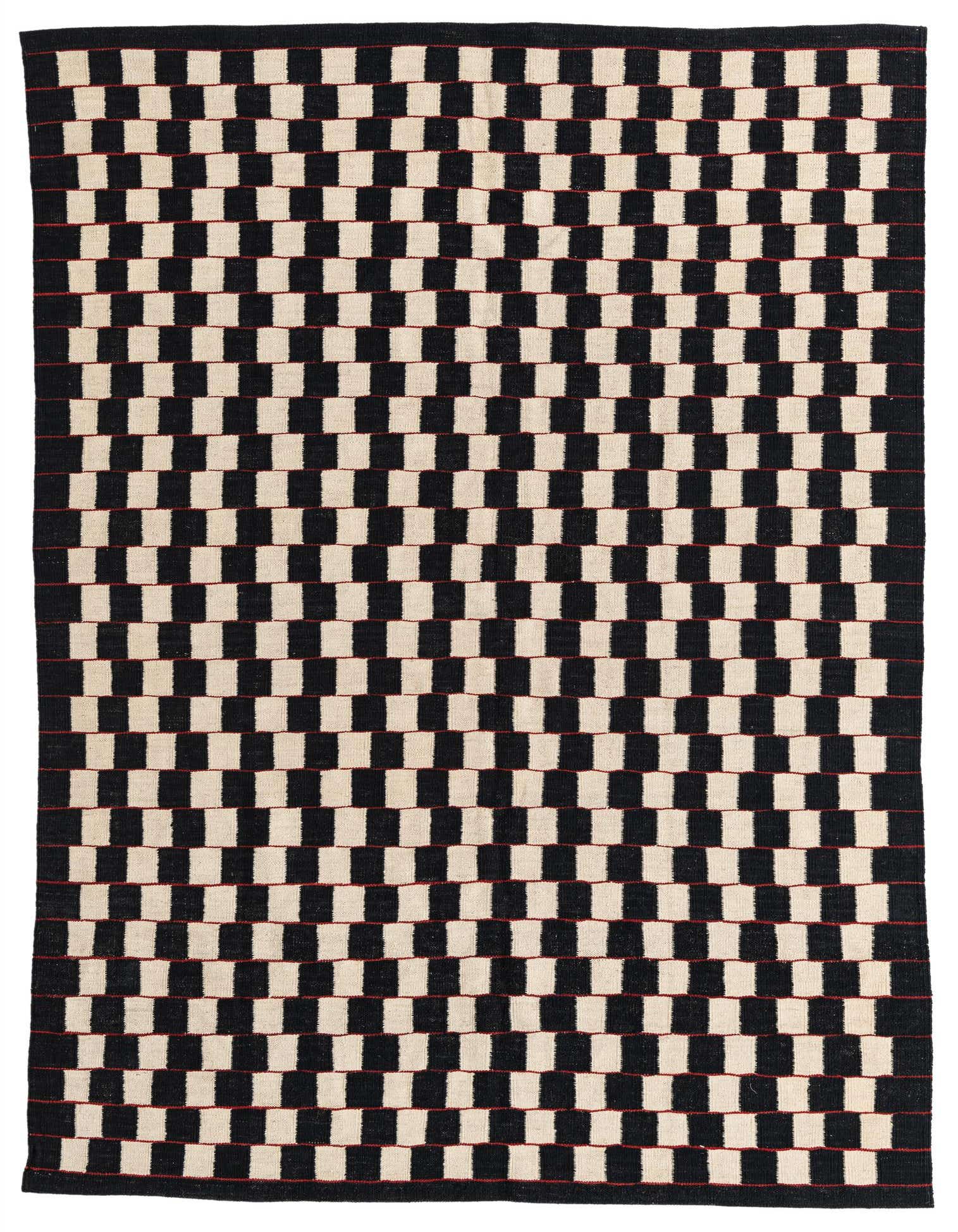 A 5x8 rectangular black and off-white checkered flatweave rug with thin red horizontal lines, suitable for a modern living room.