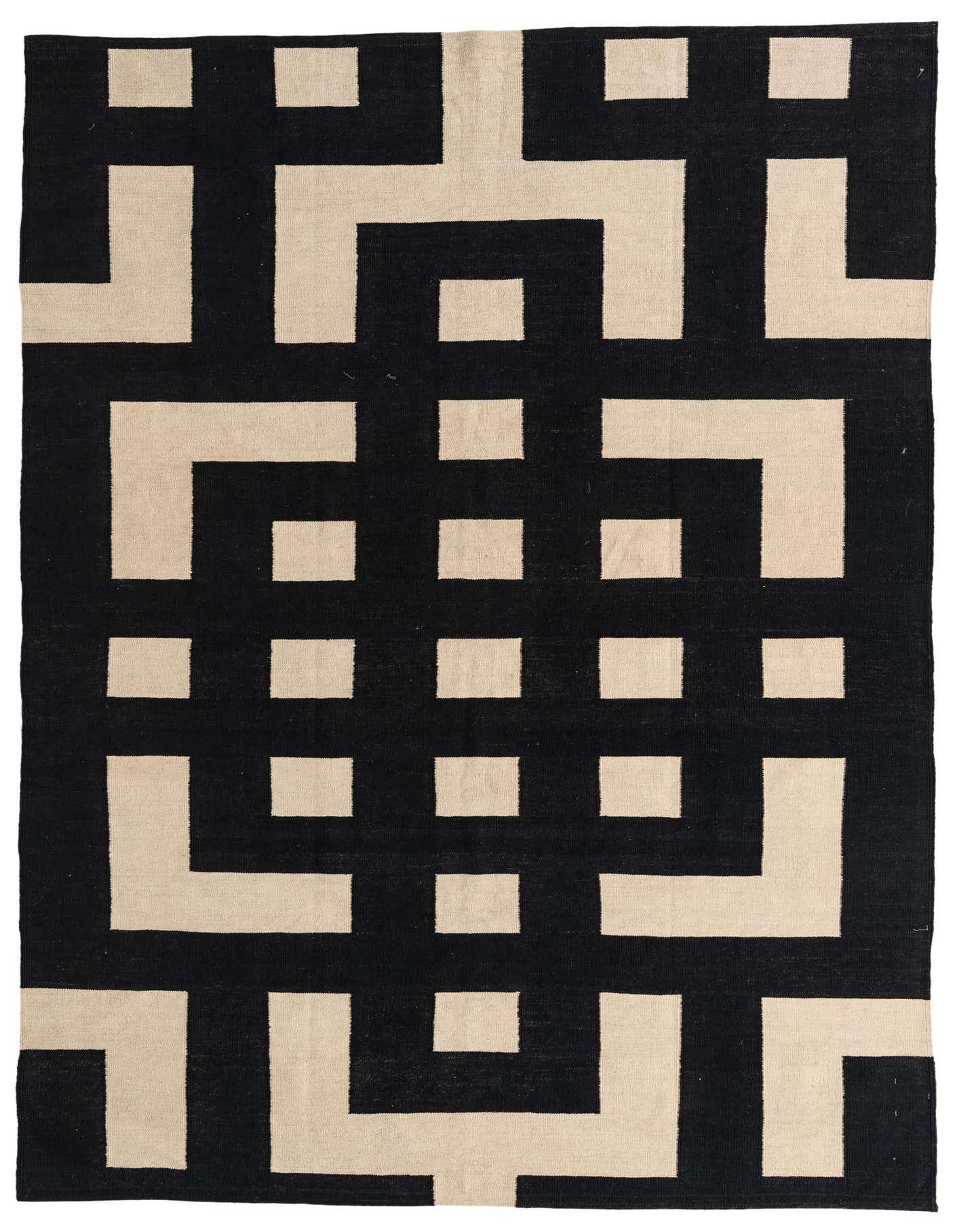 A 6x9 rectangular Kilim Modern rug with a bold black and beige geometric tribal pattern, suitable for a living room.