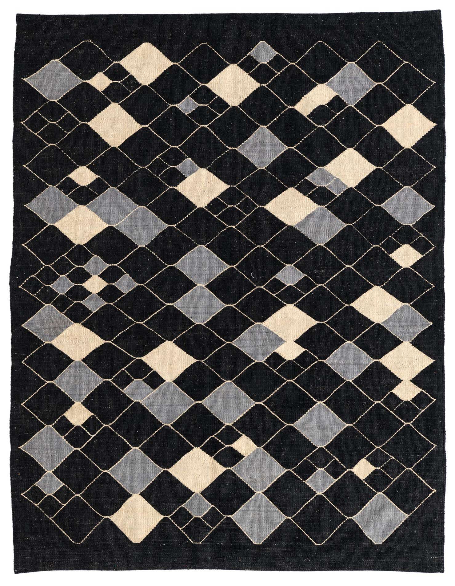 A 4x6 rectangular Kilim Modern rug with a black background and an abstract tribal pattern of interlocking light beige and gray diamonds.