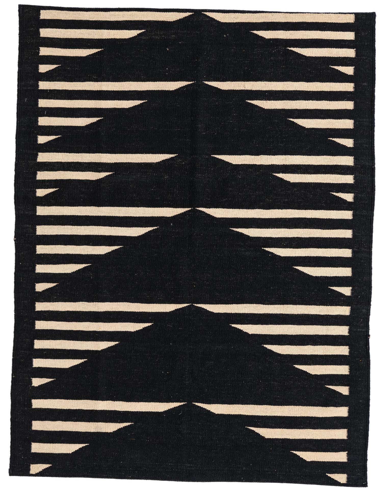 A 4x6 rectangular black and beige flatweave wool rug with a modern tribal geometric pattern.