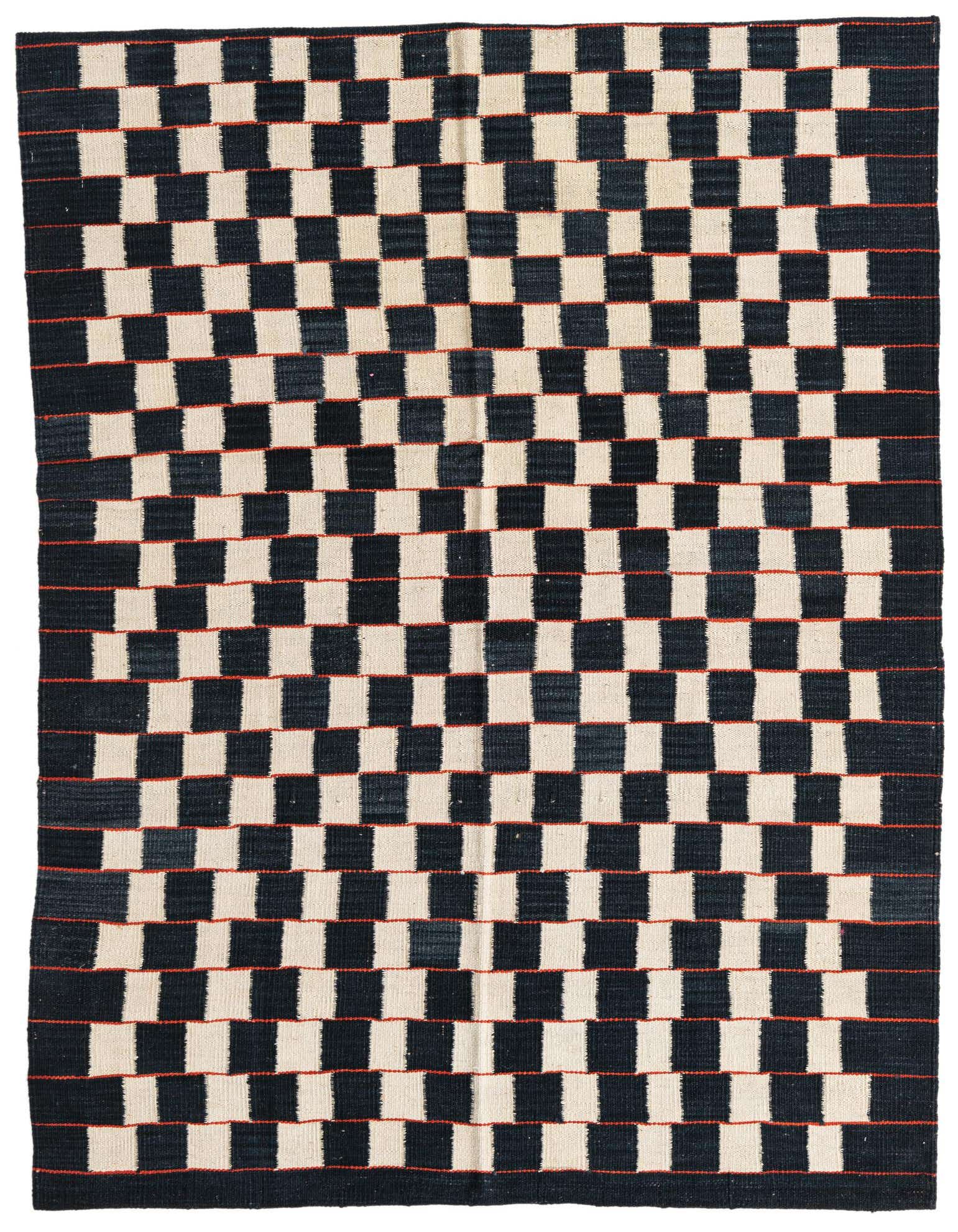 A 4x6 rectangular black and off-white checkered flatweave rug with thin red horizontal lines, suitable for a living room.