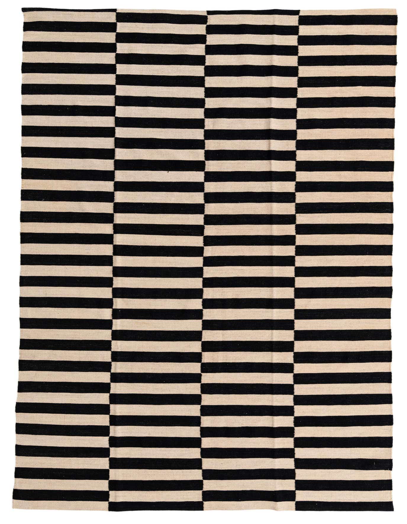 A 7x10 rectangular flatweave rug with alternating horizontal black and cream stripes in a modern tribal pattern.