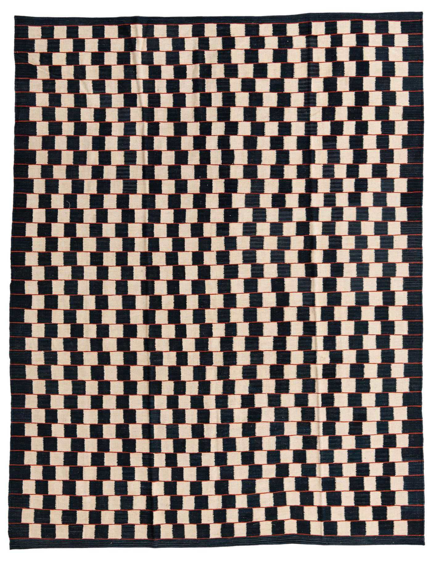 A 7x10 rectangular flatweave rug featuring a bold black and off-white checkerboard pattern with thin red lines.