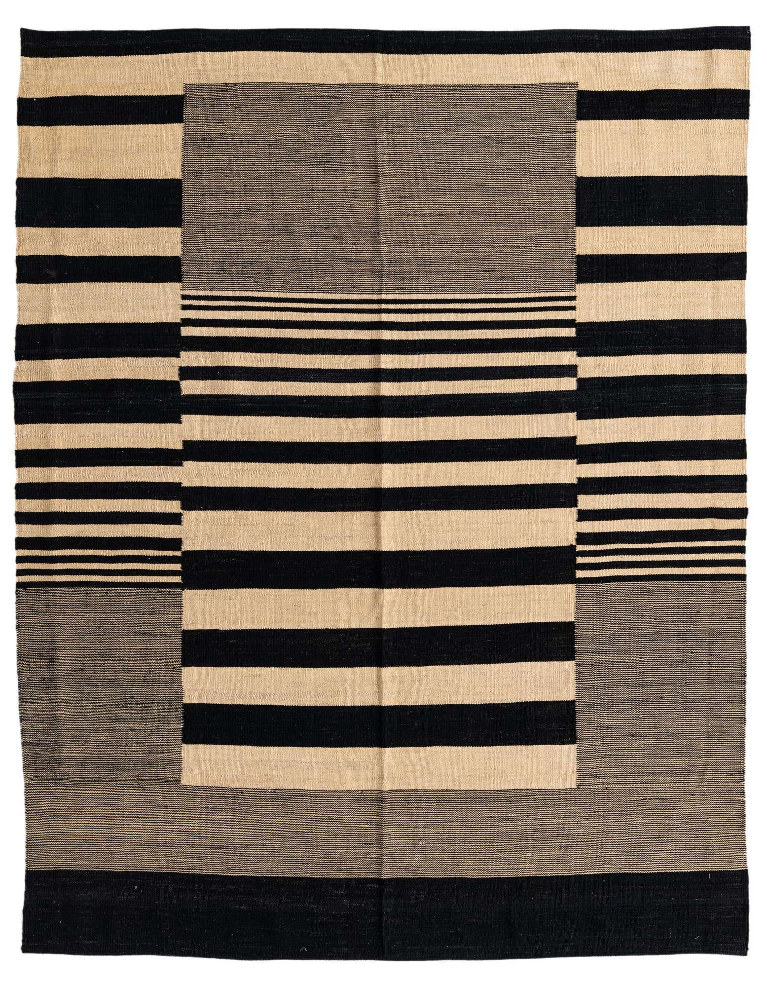 A 5x8 rectangular black and beige flatweave wool rug with a modern tribal stripe pattern.