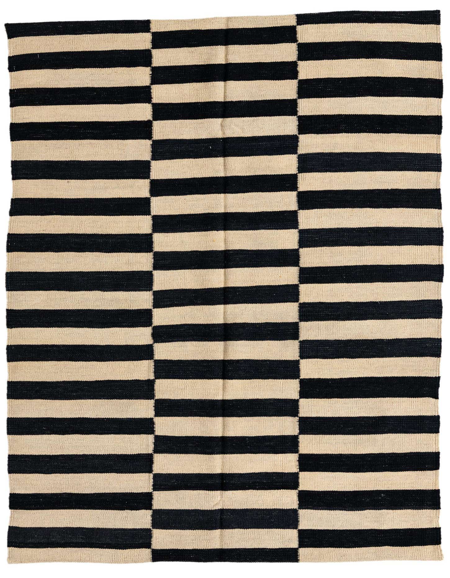 A 4x6 rectangular Kilim Modern rug with a bold black and beige striped pattern, ideal for a living room.