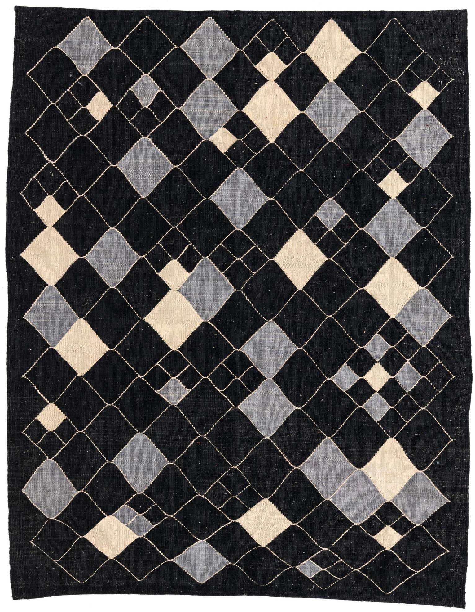 A 5x8 rectangular Kilim Modern wool rug from Rugs.com, featuring a black background with a tribal diamond pattern in light gray and cream.