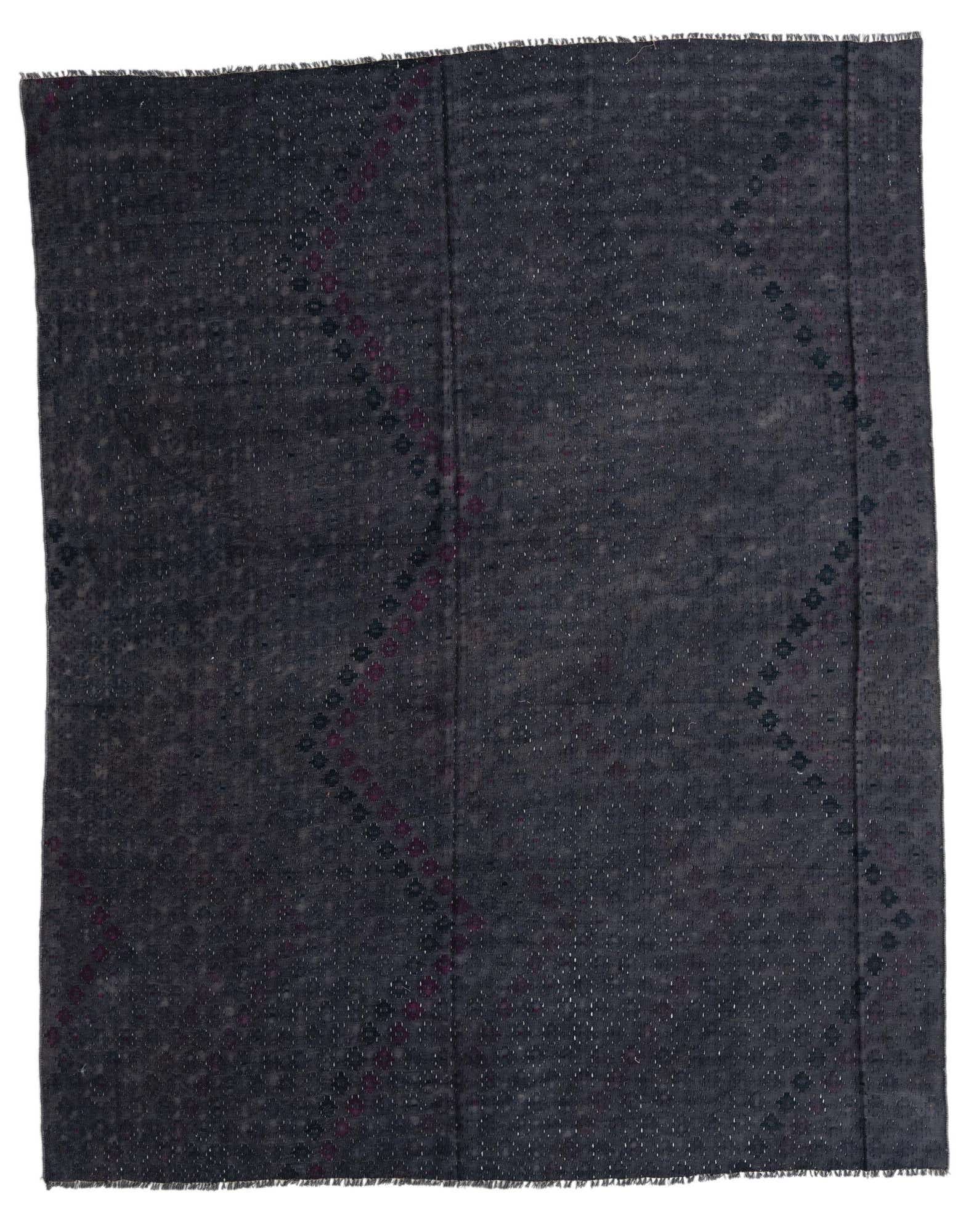 A rectangular 8x10 black flatweave wool rug with subtle tribal and abstract patterns in dark tones.