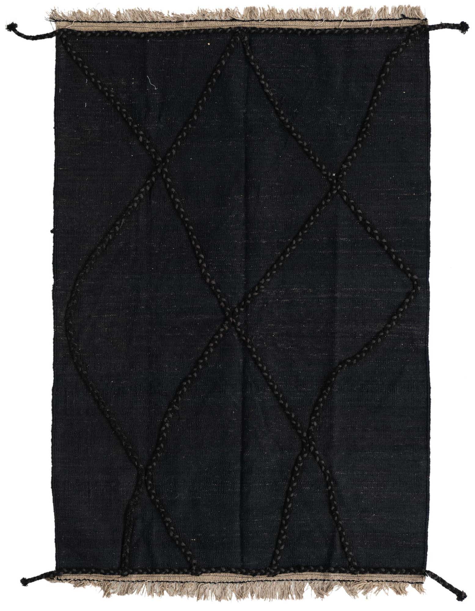A 3x5 rectangular black wool flatweave rug with a raised geometric tribal pattern and natural fringe.