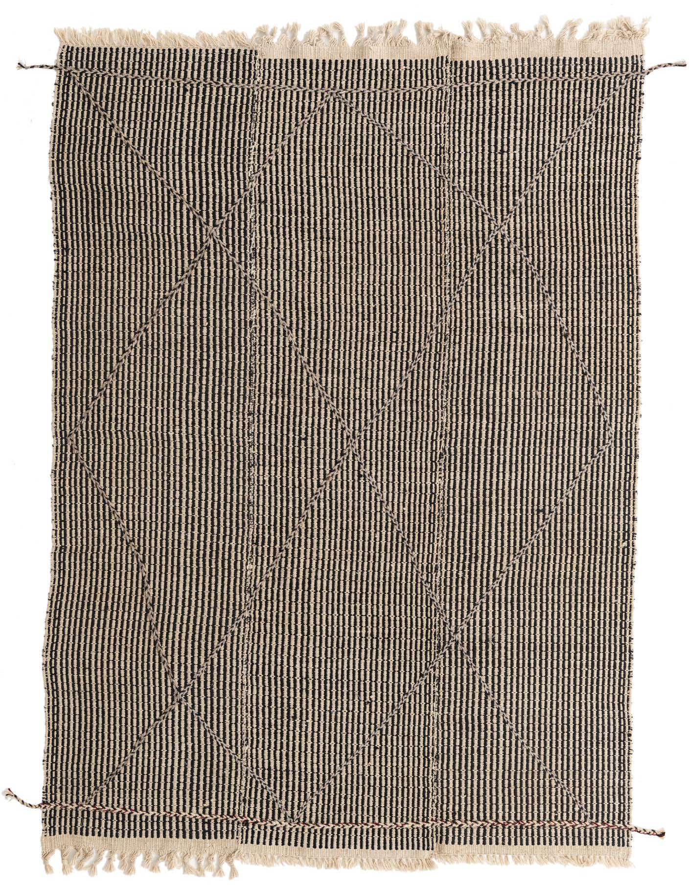 A 5x8 rectangular black and off-white flatweave rug with thin vertical stripes and a subtle diamond pattern.