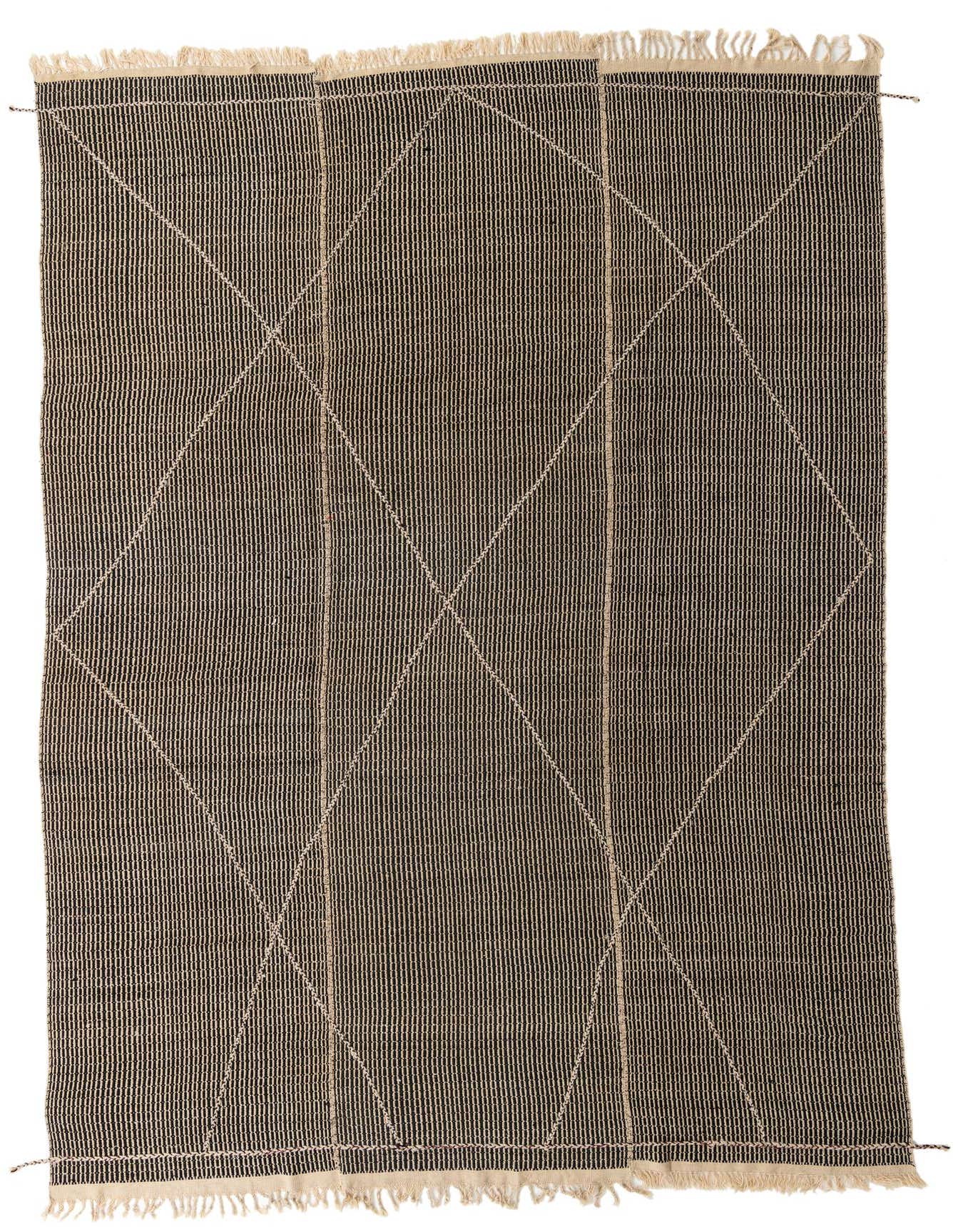 A 10x14 rectangular black flatweave wool rug with thin beige vertical stripes and intersecting diagonal lines, featuring fringed ends.