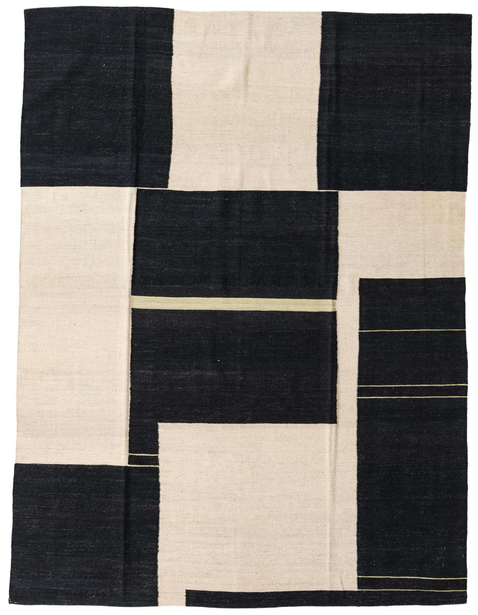A 6x9 rectangular Kilim Modern wool rug featuring a bold abstract pattern of black and off-white blocks with thin yellow accent lines.
