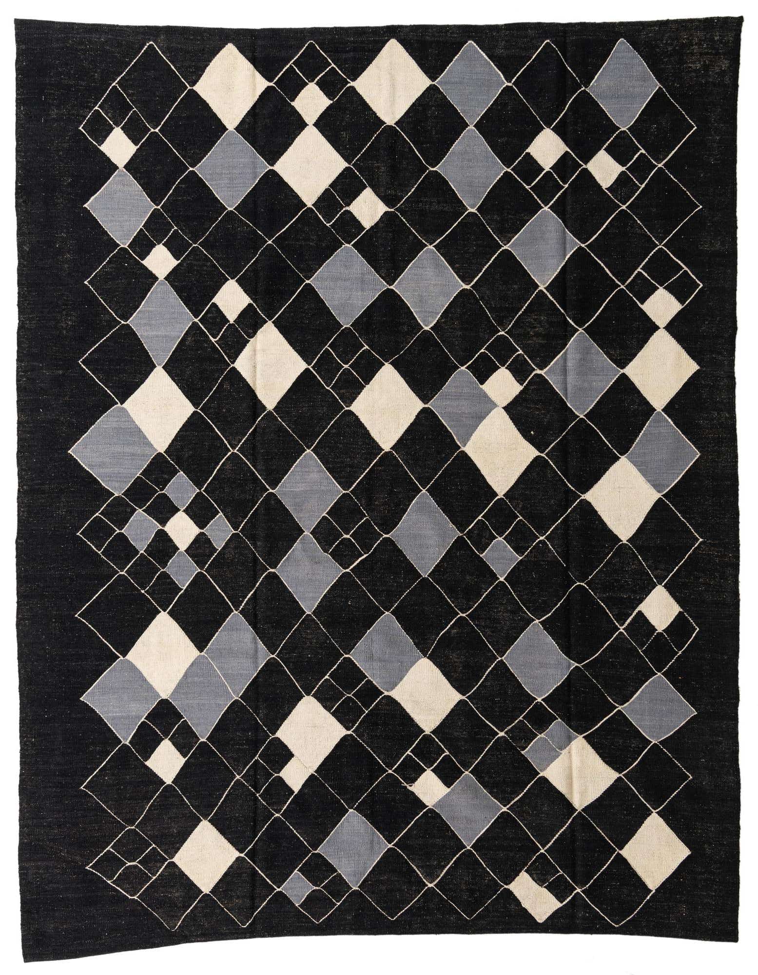 A black 8x10 rectangular flatweave rug with a modern tribal pattern of interlocking grey and cream diamonds.