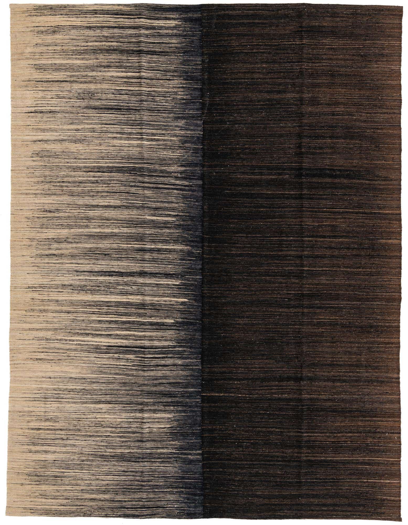 A 9x12 rectangular flatweave rug with a modern abstract design, transitioning from light beige to deep black.