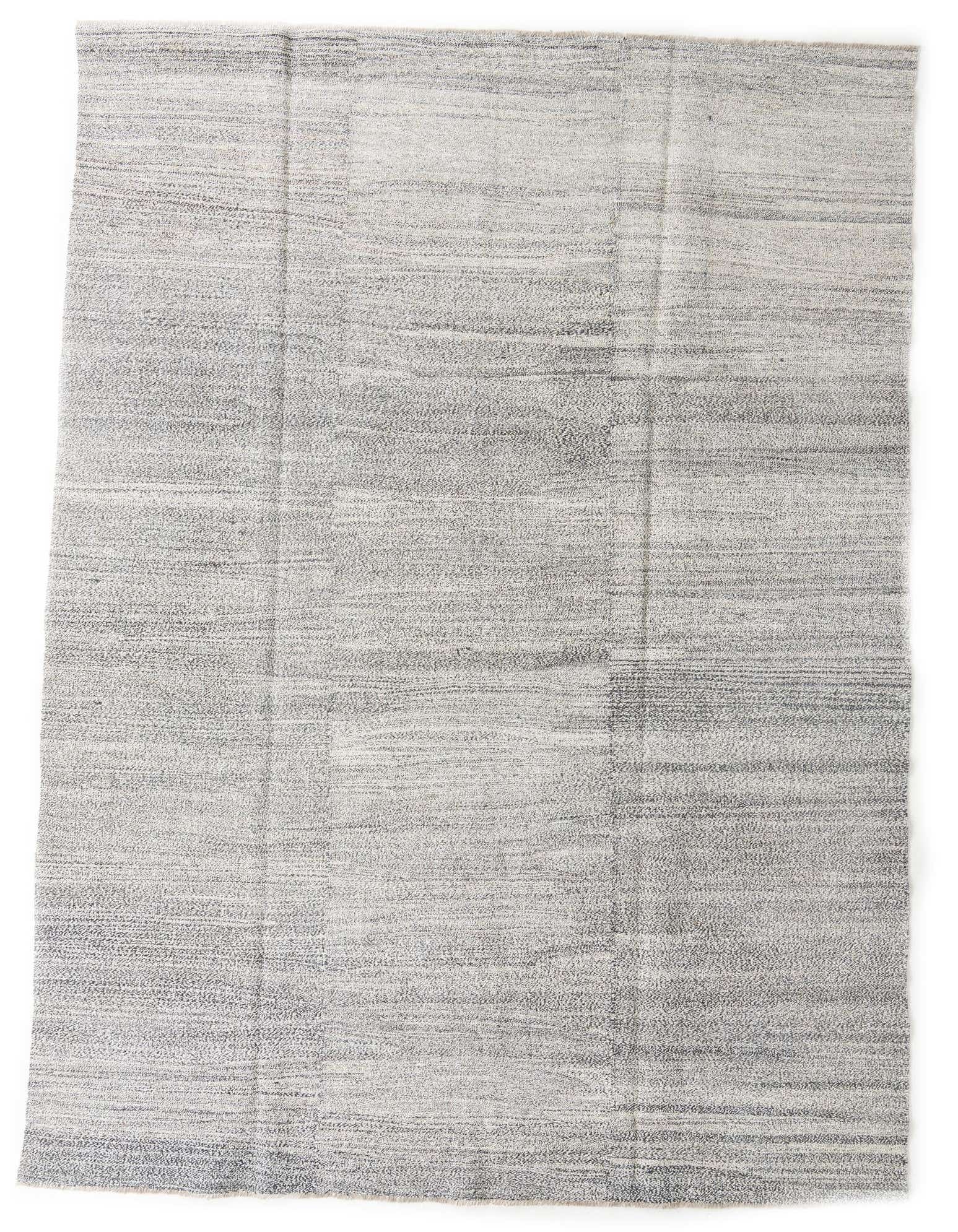 A large 9x12 rectangular Kilim Modern wool rug in varying shades of black and grey, featuring a subtle striped abstract pattern.